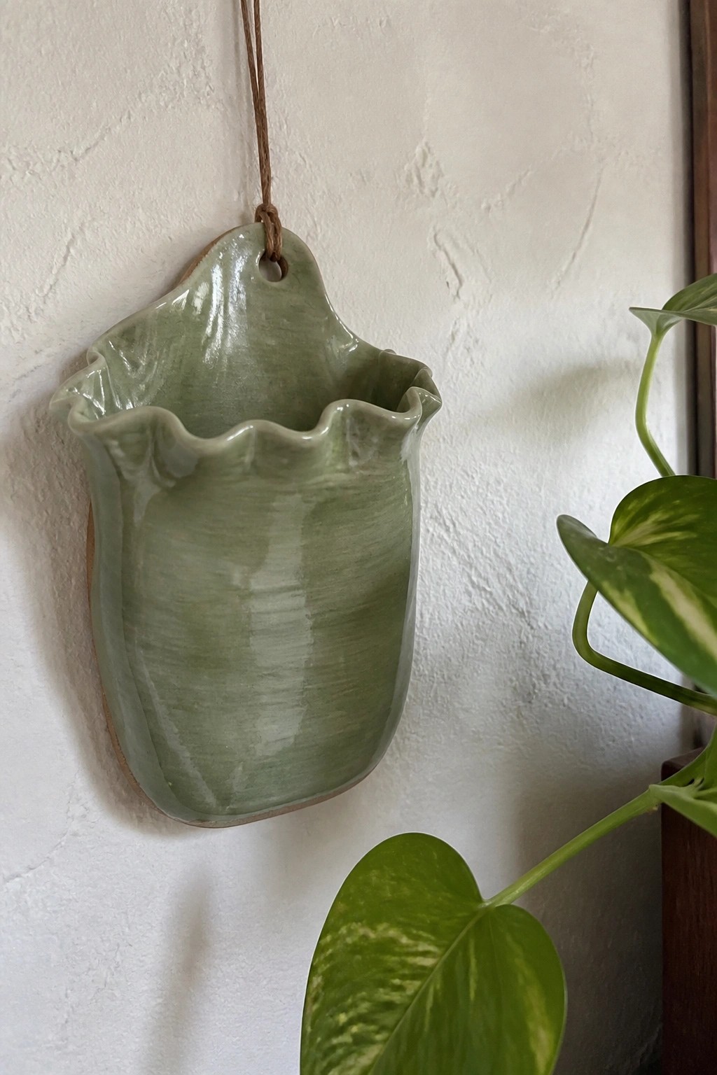 Green ceramic hanging planter with scalloped rim on white wall near leafy plant