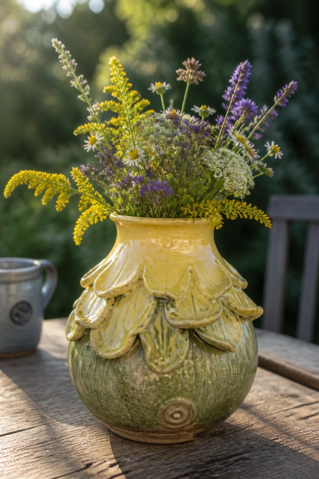 Yellow-green ruffled ceramic vase with wildflowers on wooden outdoor table