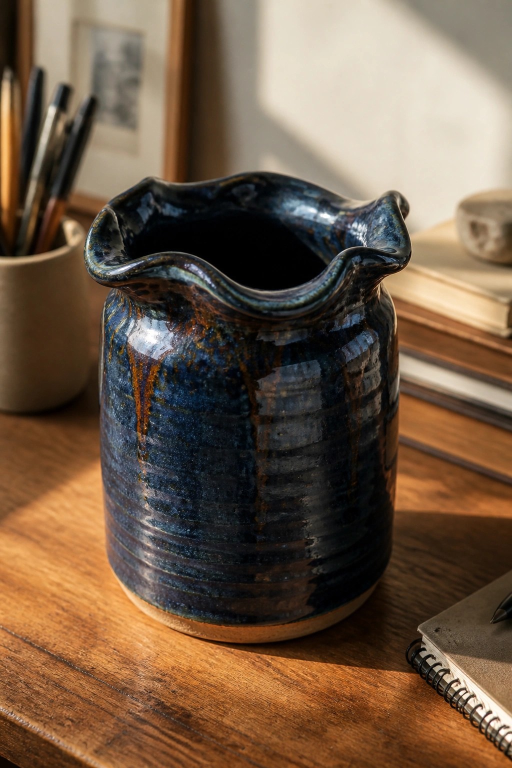 Dark blue ruffled ceramic pitcher on wooden desk with paintbrushes and books