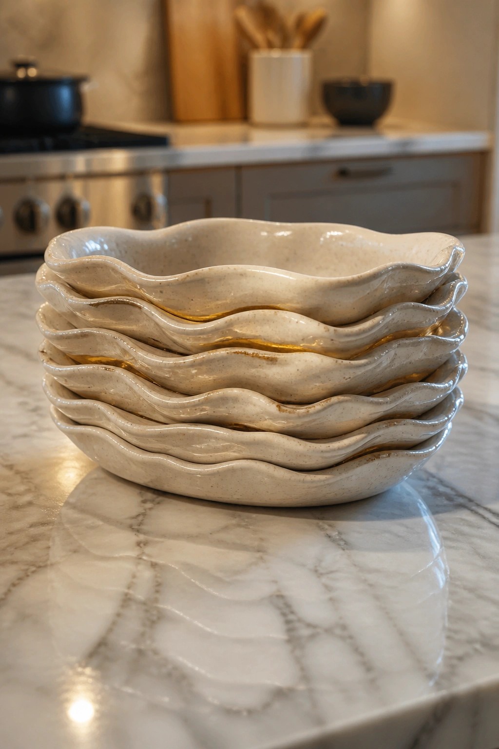 Stacked speckled ceramic bowls with wavy edges on white marble countertop
