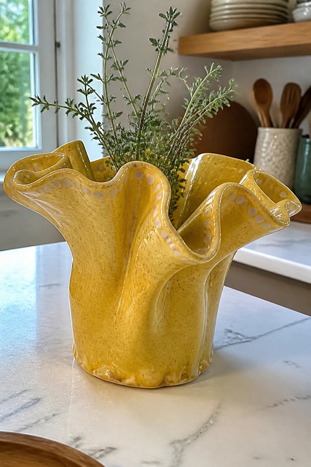 Yellow ruffled ceramic vase with white dots holding green herbs on marble counter