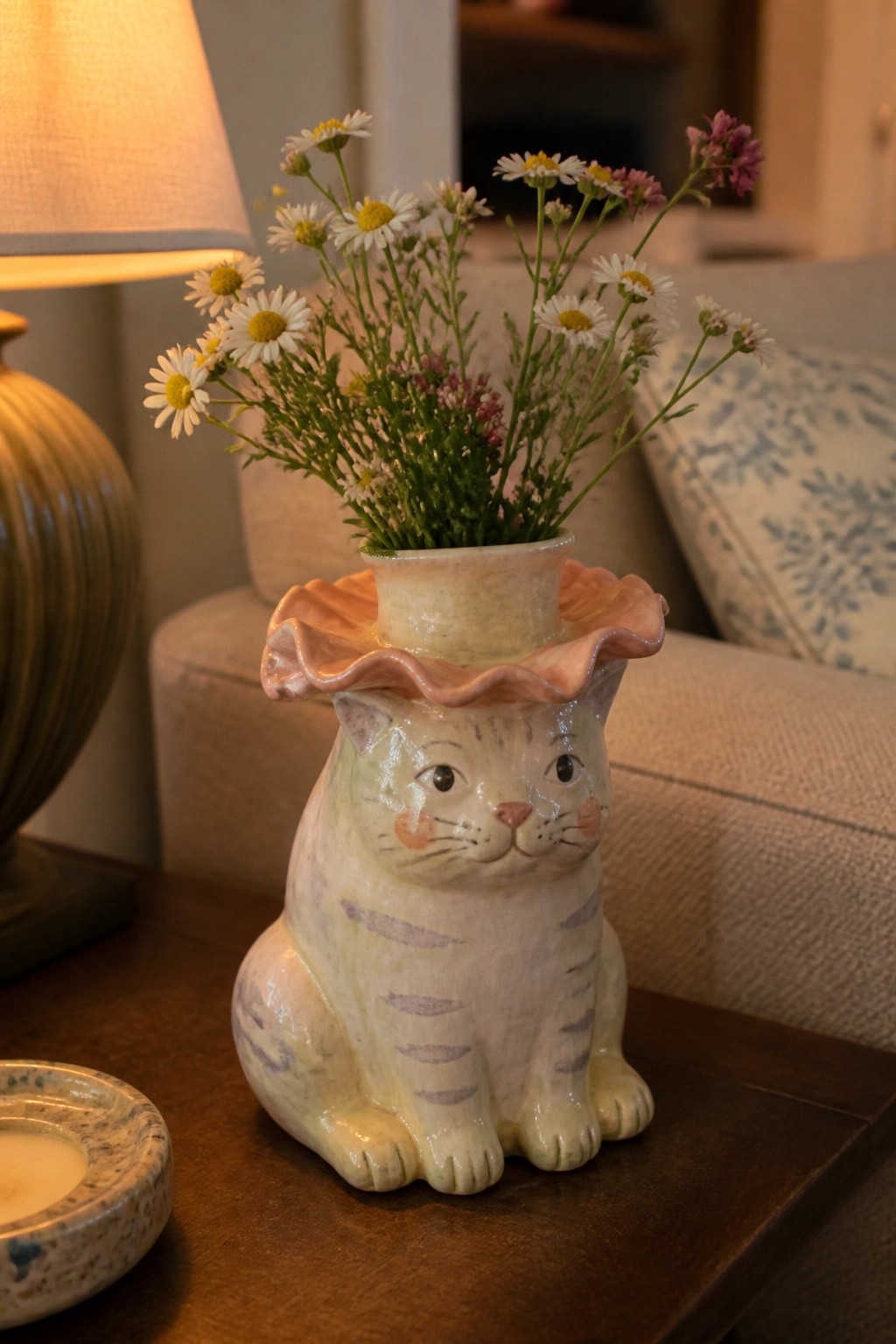 Ceramic cat vase with pink ruffled collar holding white daisies on wooden table