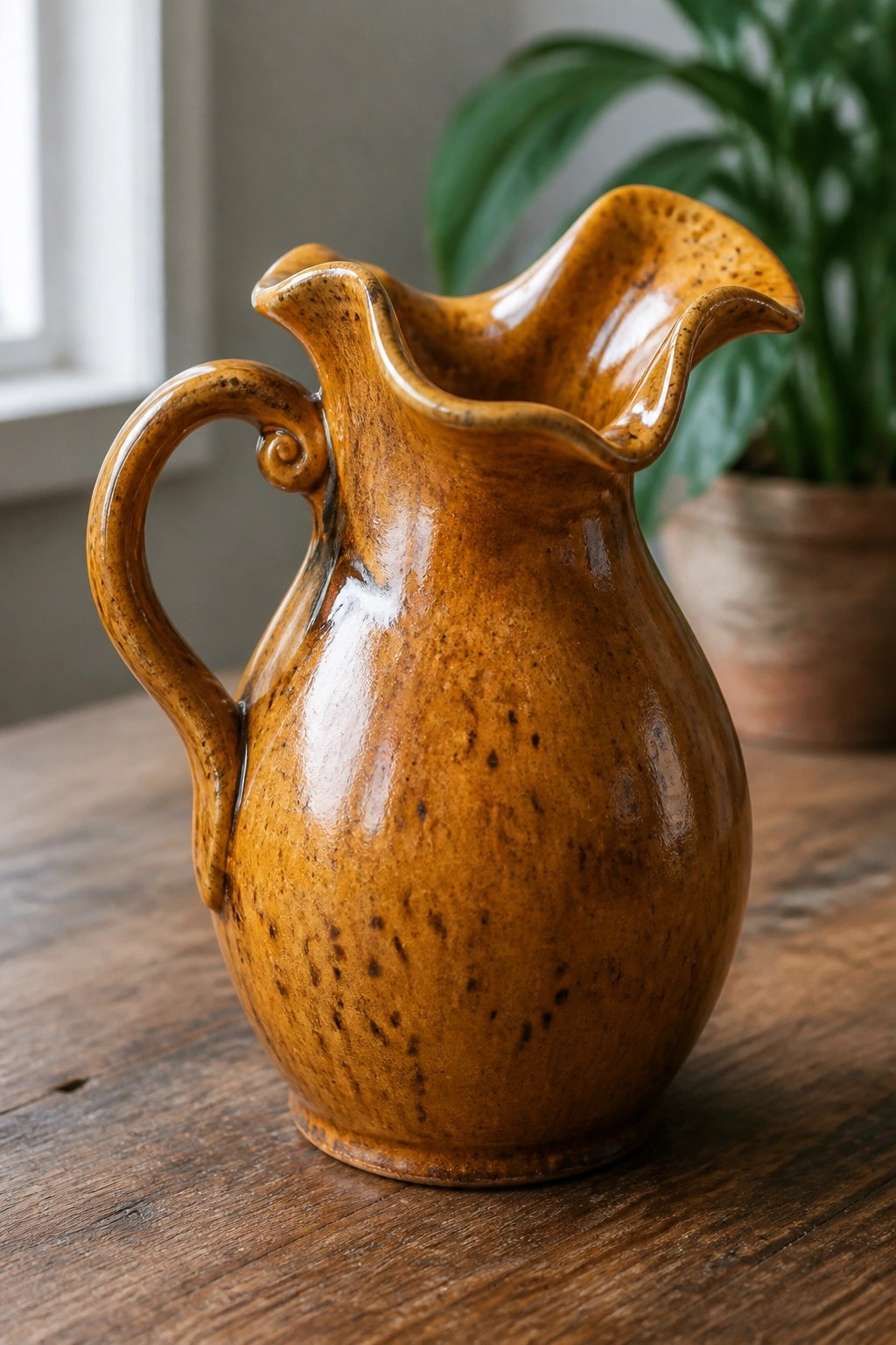 Brown ceramic pitcher with curled handle and wavy spout on wooden table.