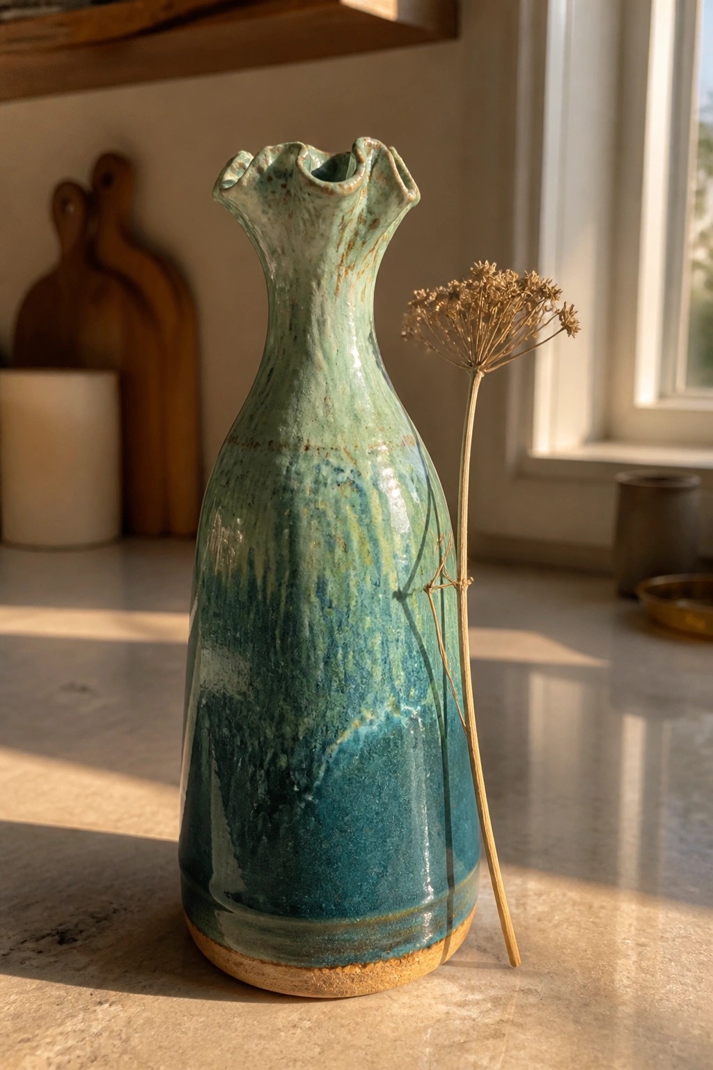 Teal ceramic vase with scalloped rim beside dried plant on sunlit wood