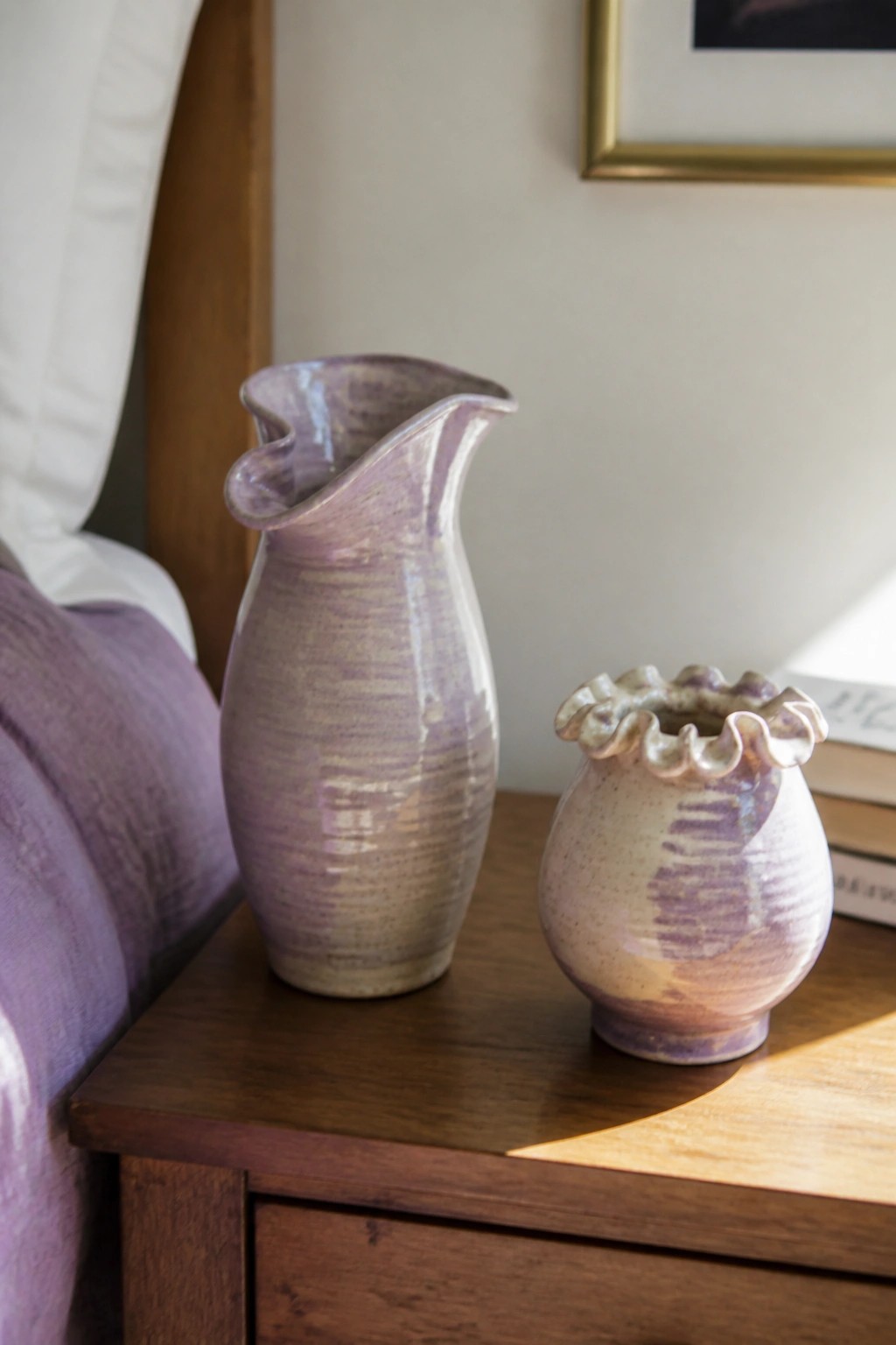 Two purple ceramic vases on wooden nightstand beside purple bedding and books