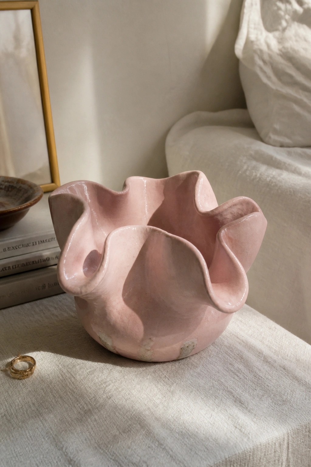 Pink ruffled ceramic bowl with gold ring on neutral linen tablecloth