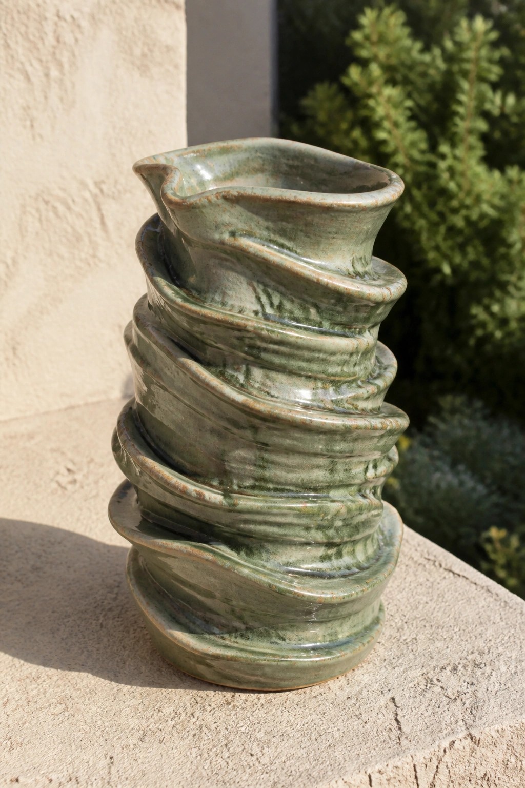 Stacked green glazed ceramic bowls twisted into a tall sculptural form outdoors.