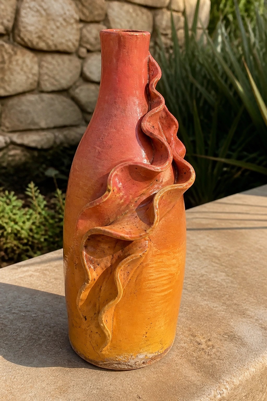 Tall red-orange ceramic vase with wavy ruffles on stone ledge outdoors