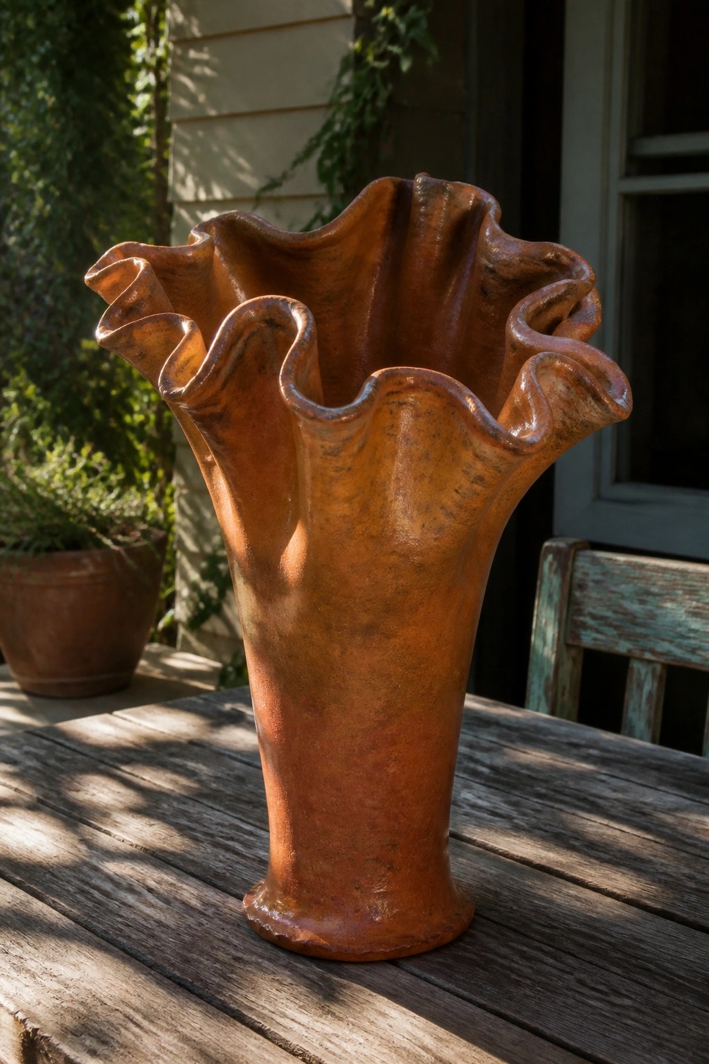 Rusted brown ceramic vase with wavy ruffled rim on wooden table.