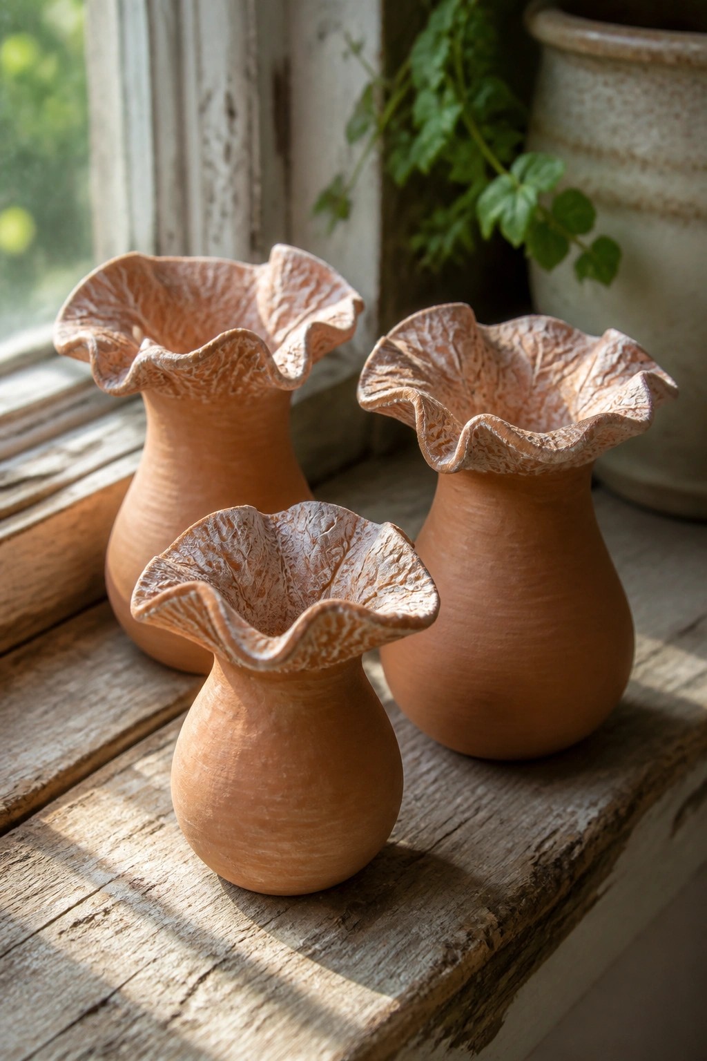 Three terracotta vases with ruffled textured rims on a sunlit wooden windowsill
