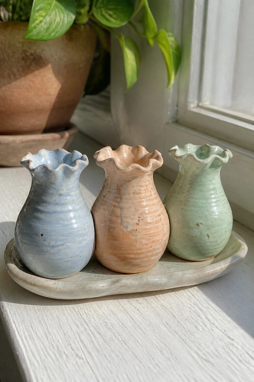 Three pastel ceramic vases with scalloped rims on a sunny windowsill tray