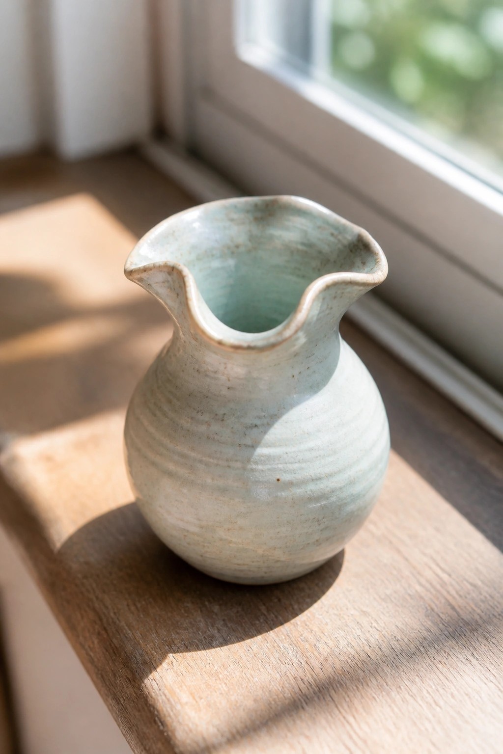 Light blue ceramic pitcher with spout on sunlit wooden windowsill