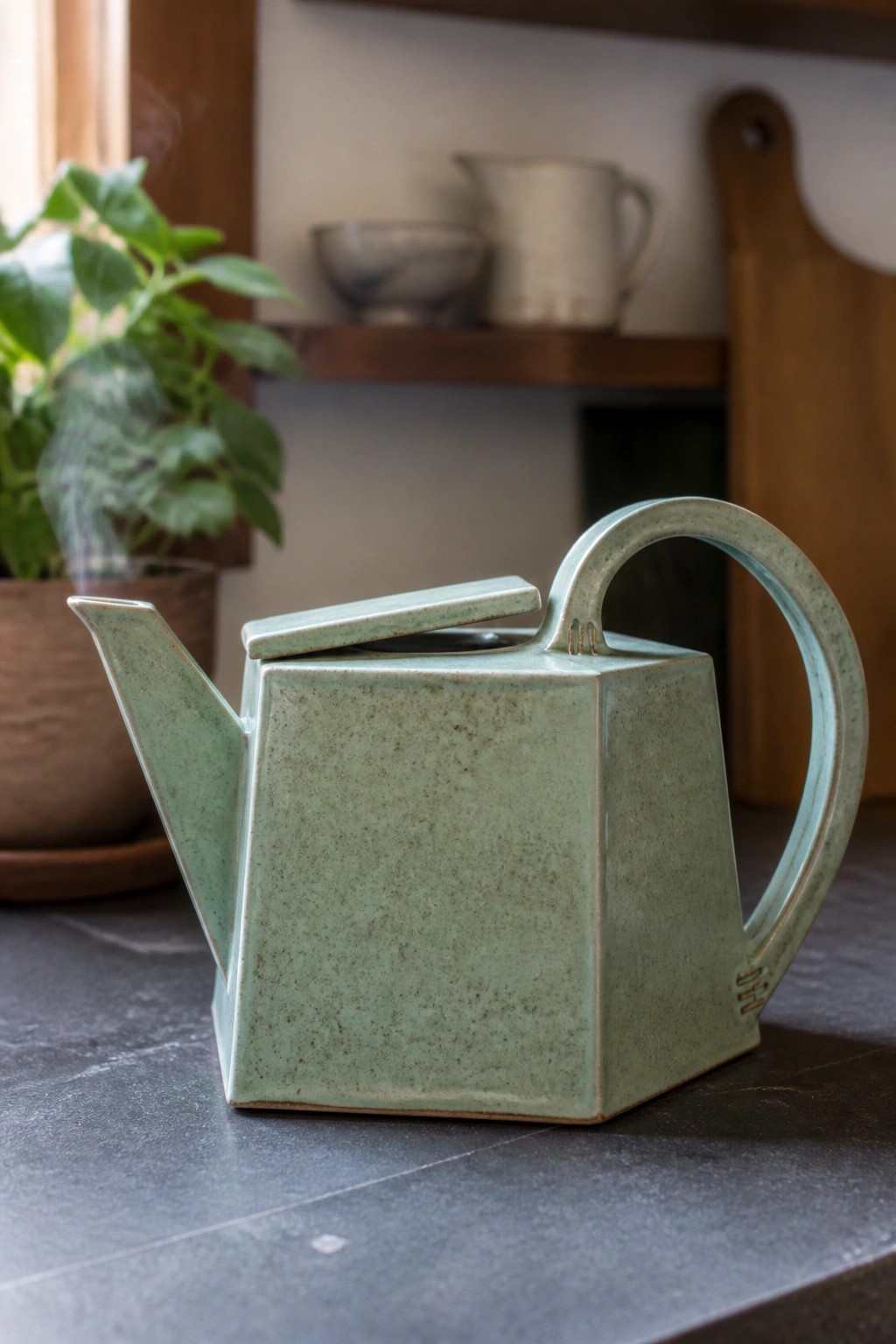 Sage green speckled square teapot with lid ajar on dark countertop