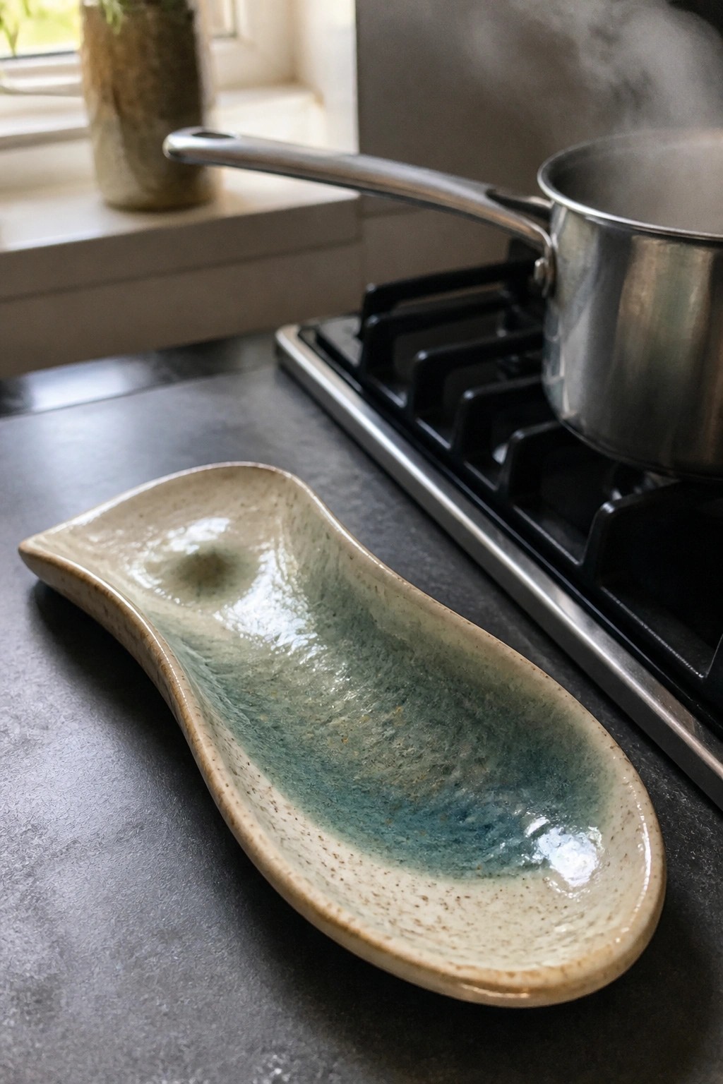 Ceramic spoon rest on dark counter beside steaming pot on gas stove