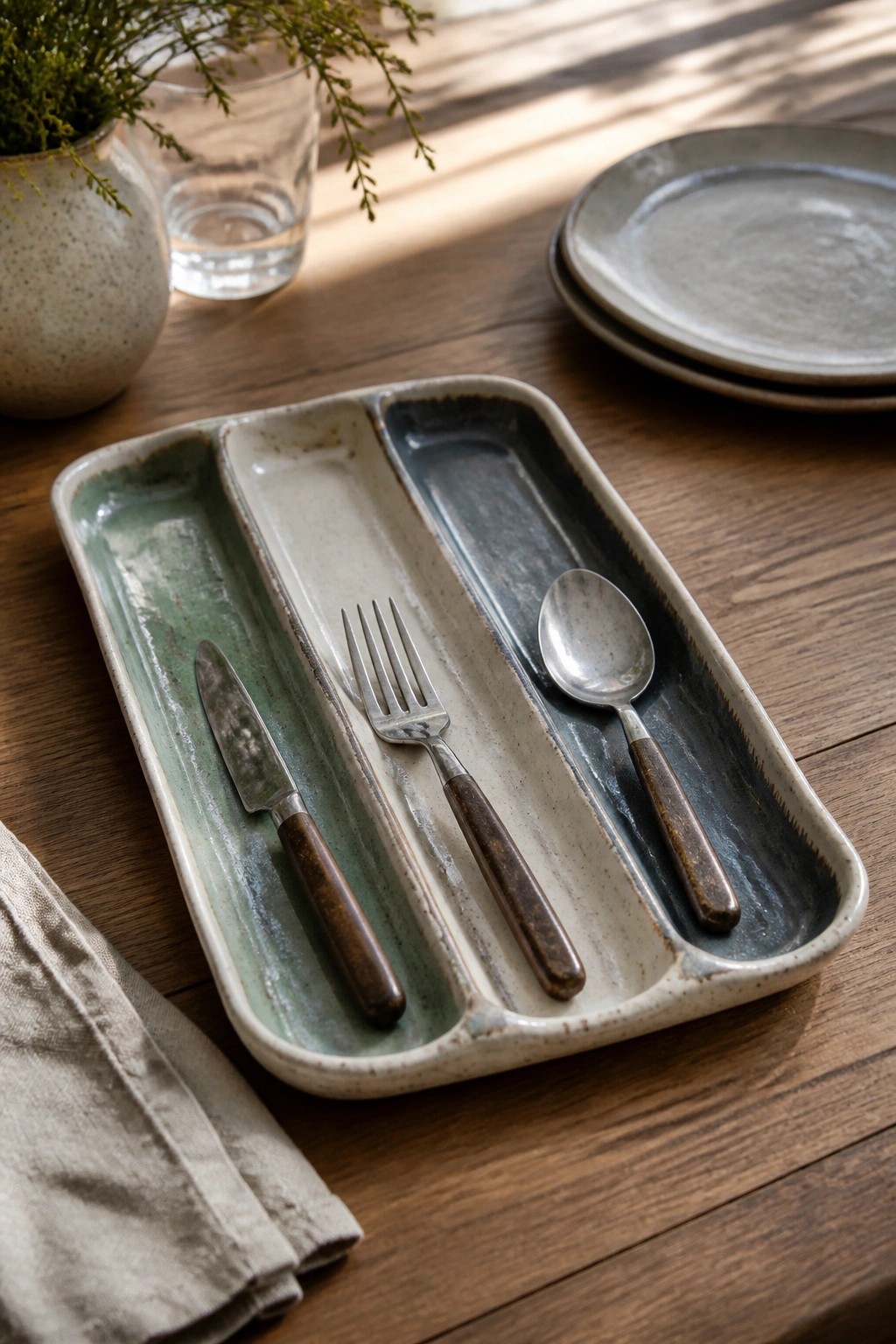 A handmade ceramic tray divided into three sections holding a knife, fork, and spoon on a wooden table.