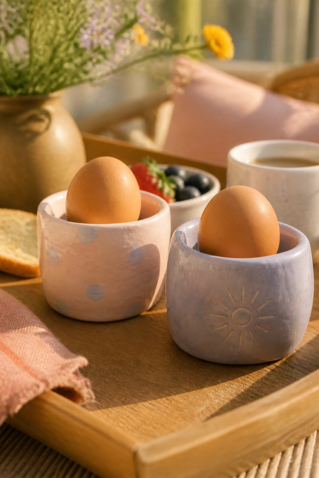 Polka-dotted pink and sun-etched purple egg cups with brown eggs on tray
