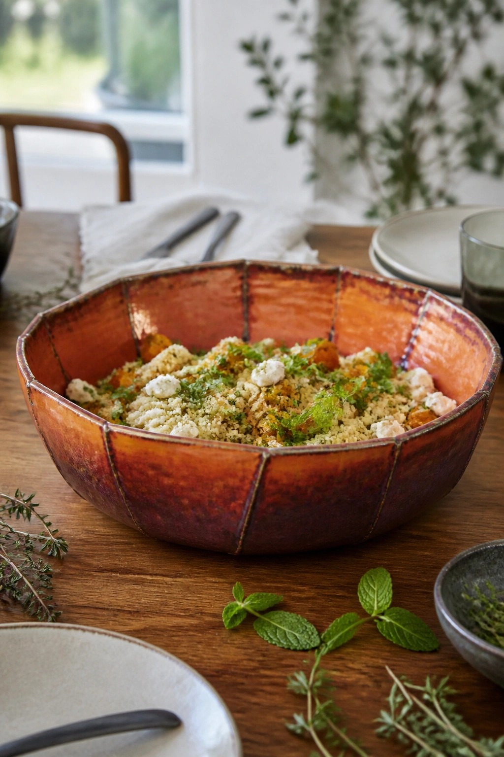 Colorful ceramic bowl of herb couscous salad on rustic wooden table with fresh mint.