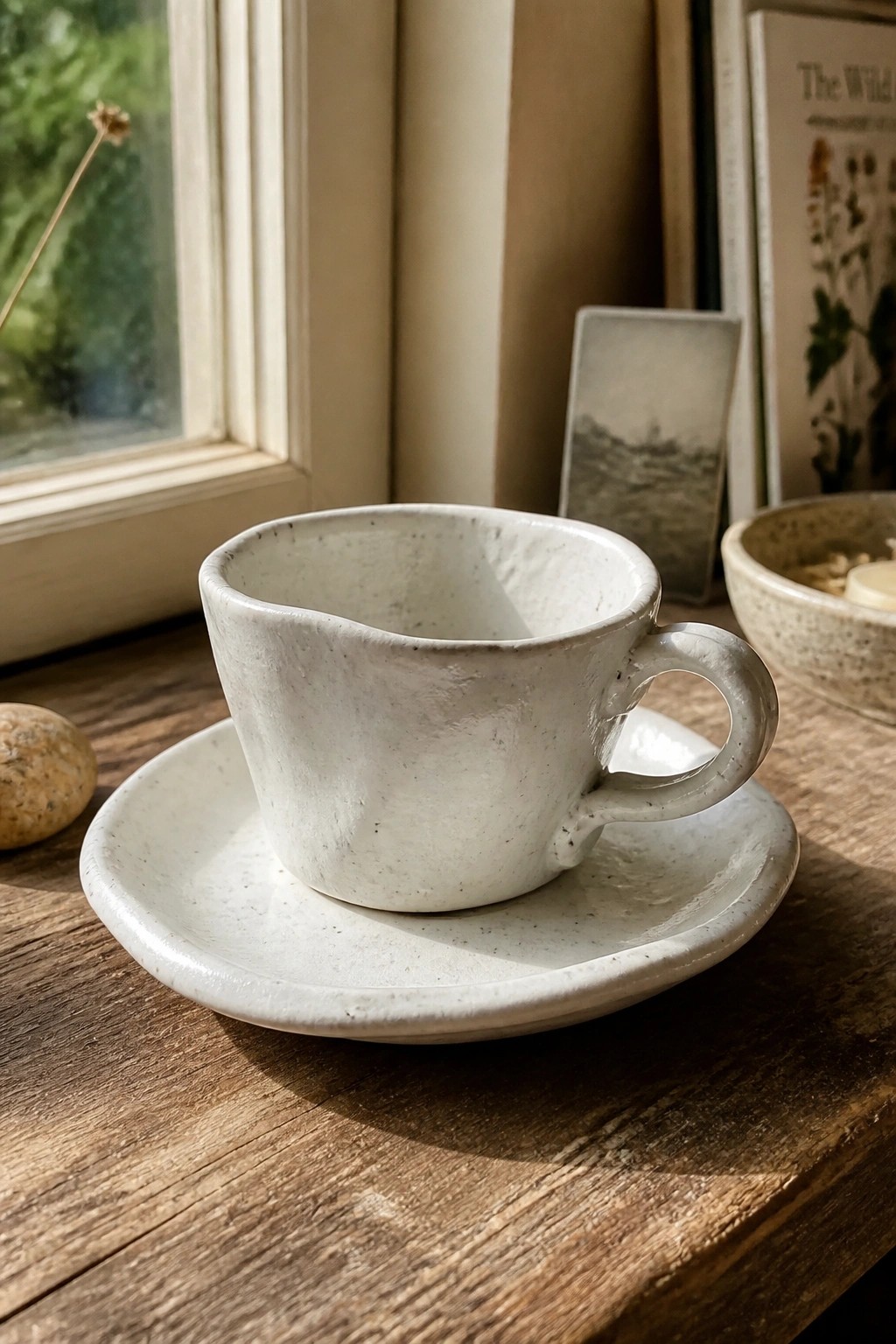 White speckled ceramic cup and saucer on sunlit wooden windowsill.