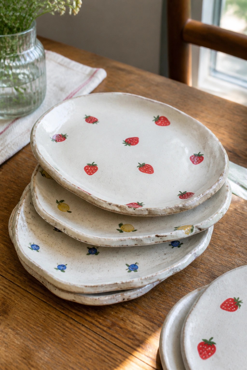 Stacked ceramic plates with strawberries, lemons, and blueberries on wooden table
