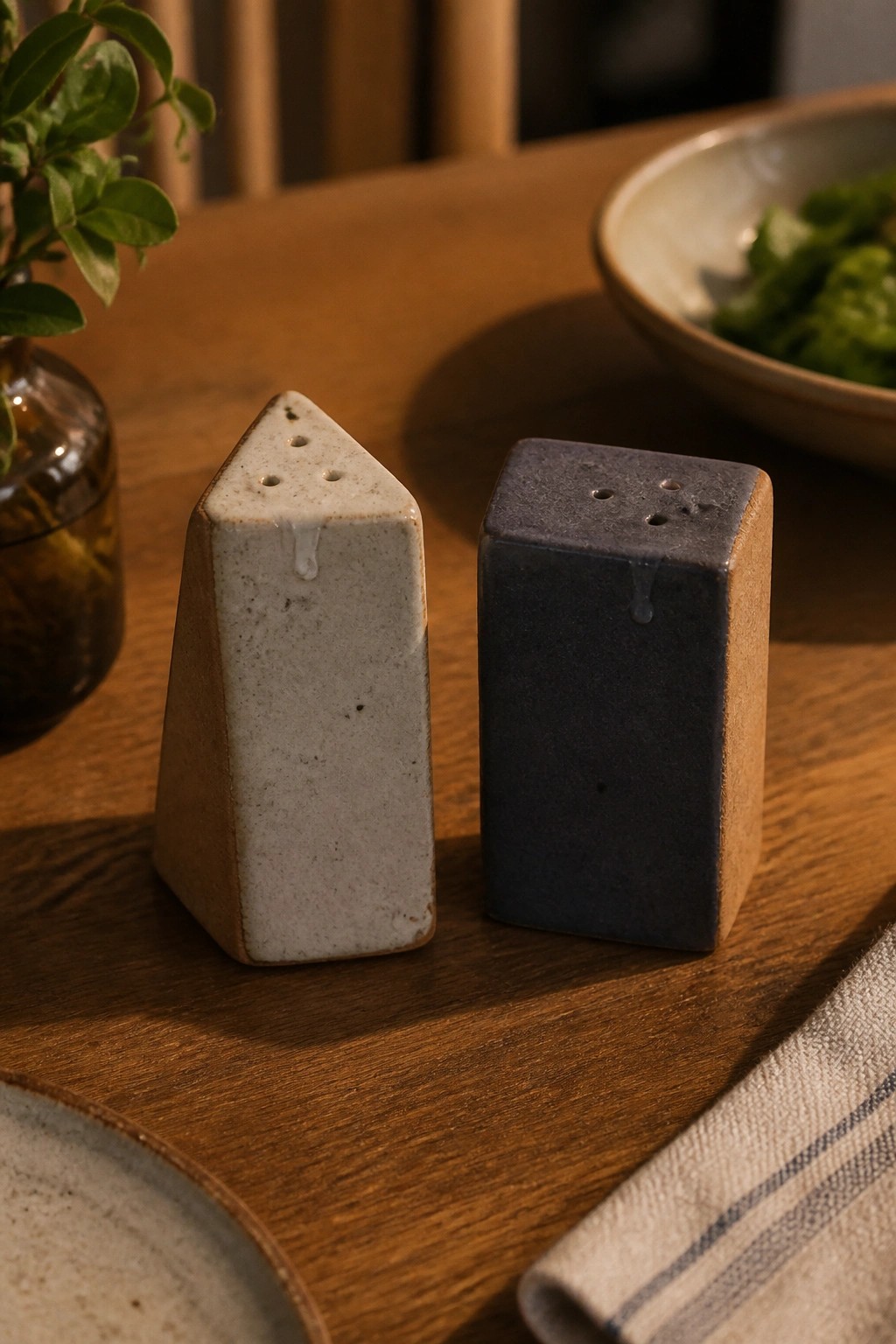 Two ceramic shakers with drips on wooden table beside salad bowl and napkin