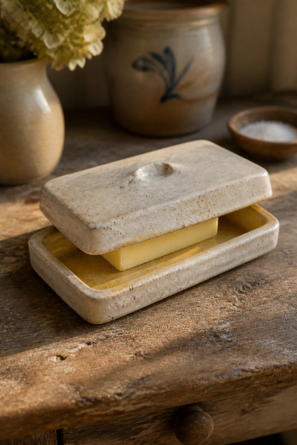 Speckled ceramic butter dish with yellow butter on rustic wooden table with pottery