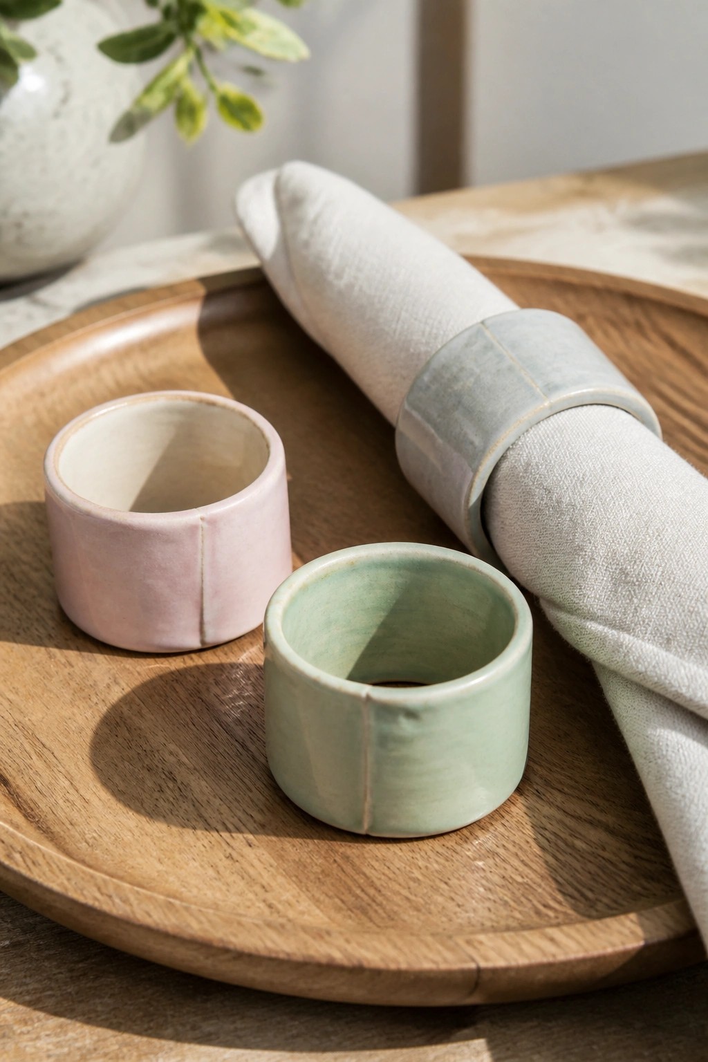 Pastel ceramic napkin rings with white linen on round wooden tray