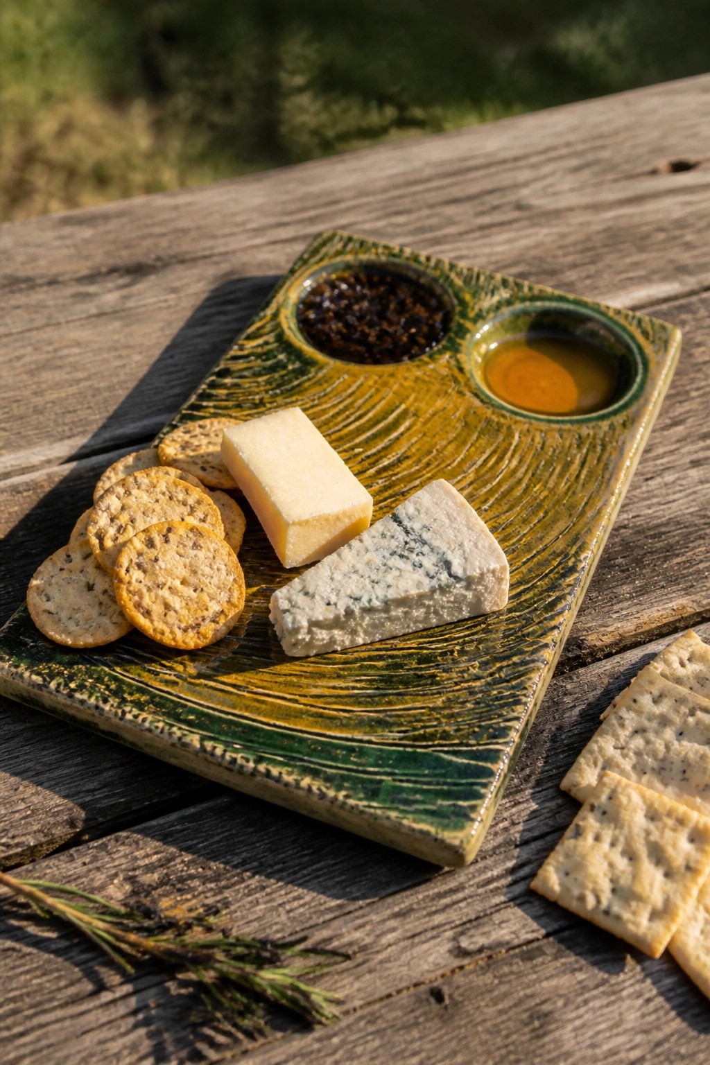 Cheese platter with blue cheese, cheddar, crackers, honey, and jam on wooden table