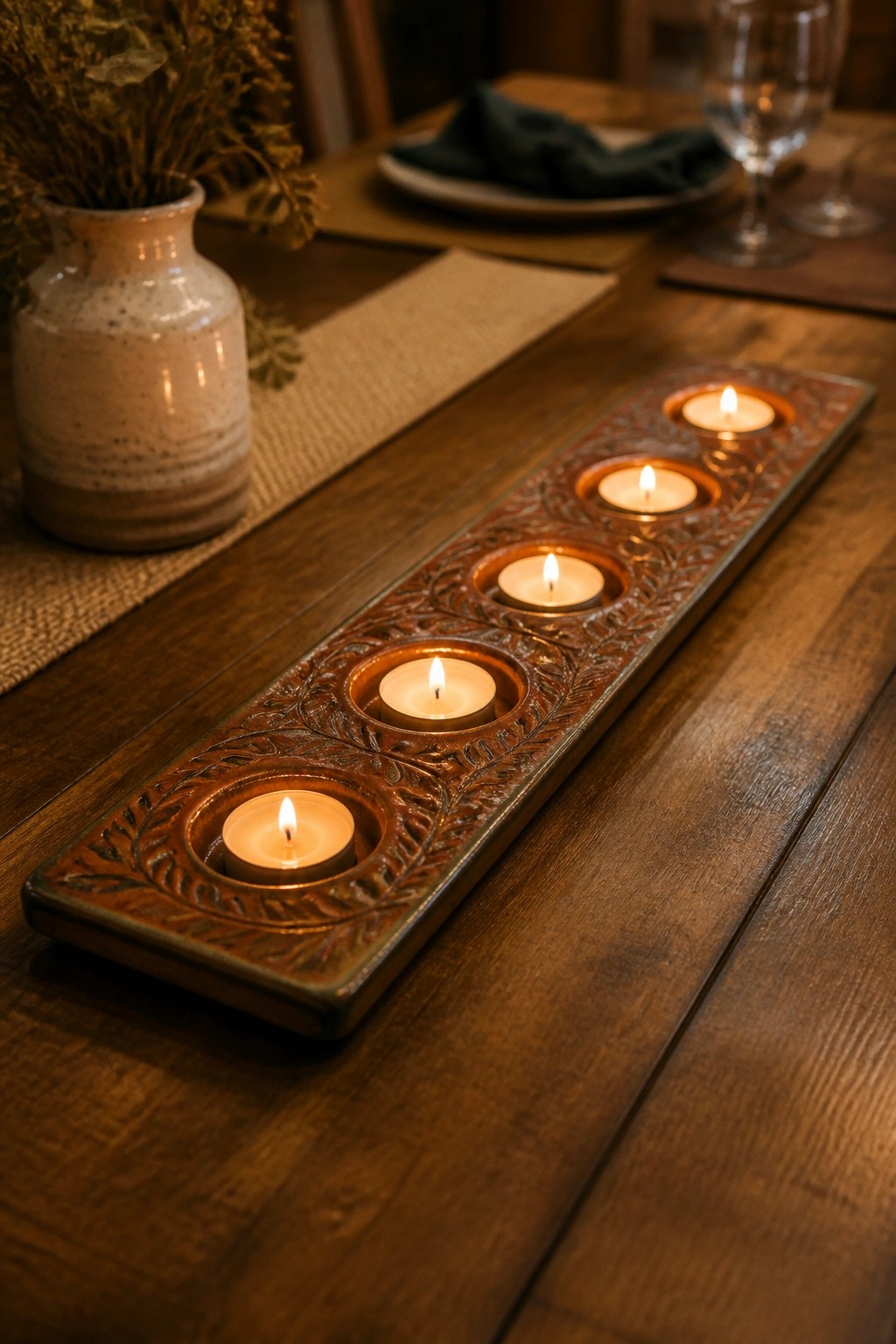 Five lit candles in ornate leaf-carved holder on dark wooden table