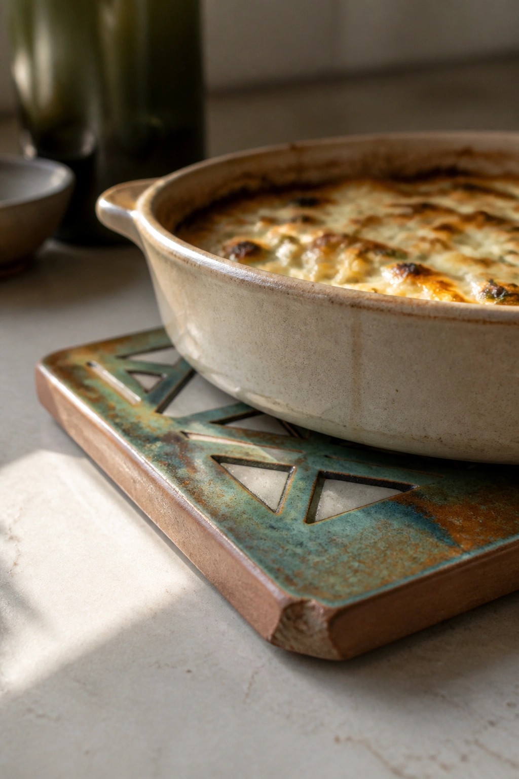 Cheesy baked casserole in rustic ceramic dish on colorful geometric trivet