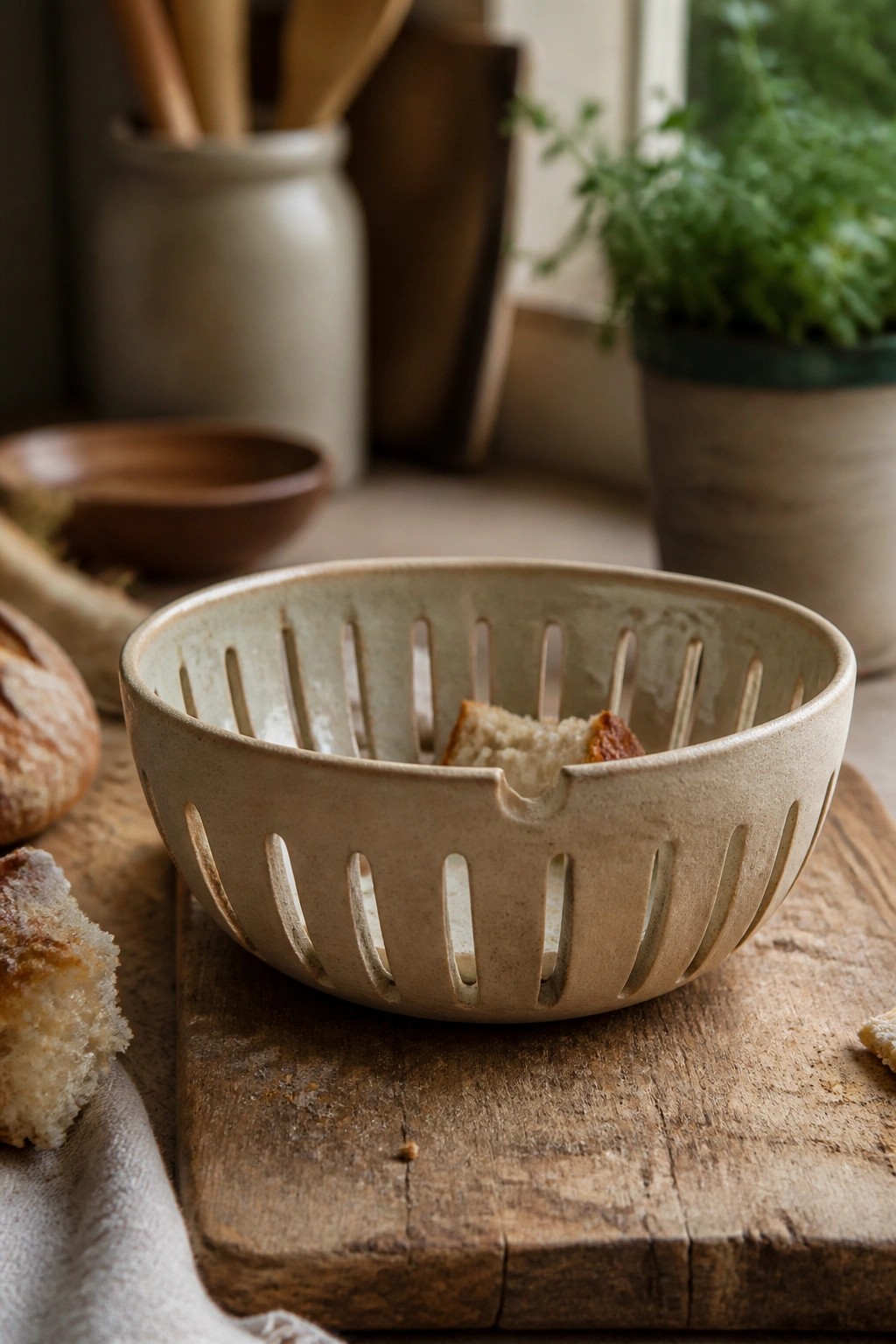 Ceramic slotted bowl with bread on rustic wooden cutting board in kitchen