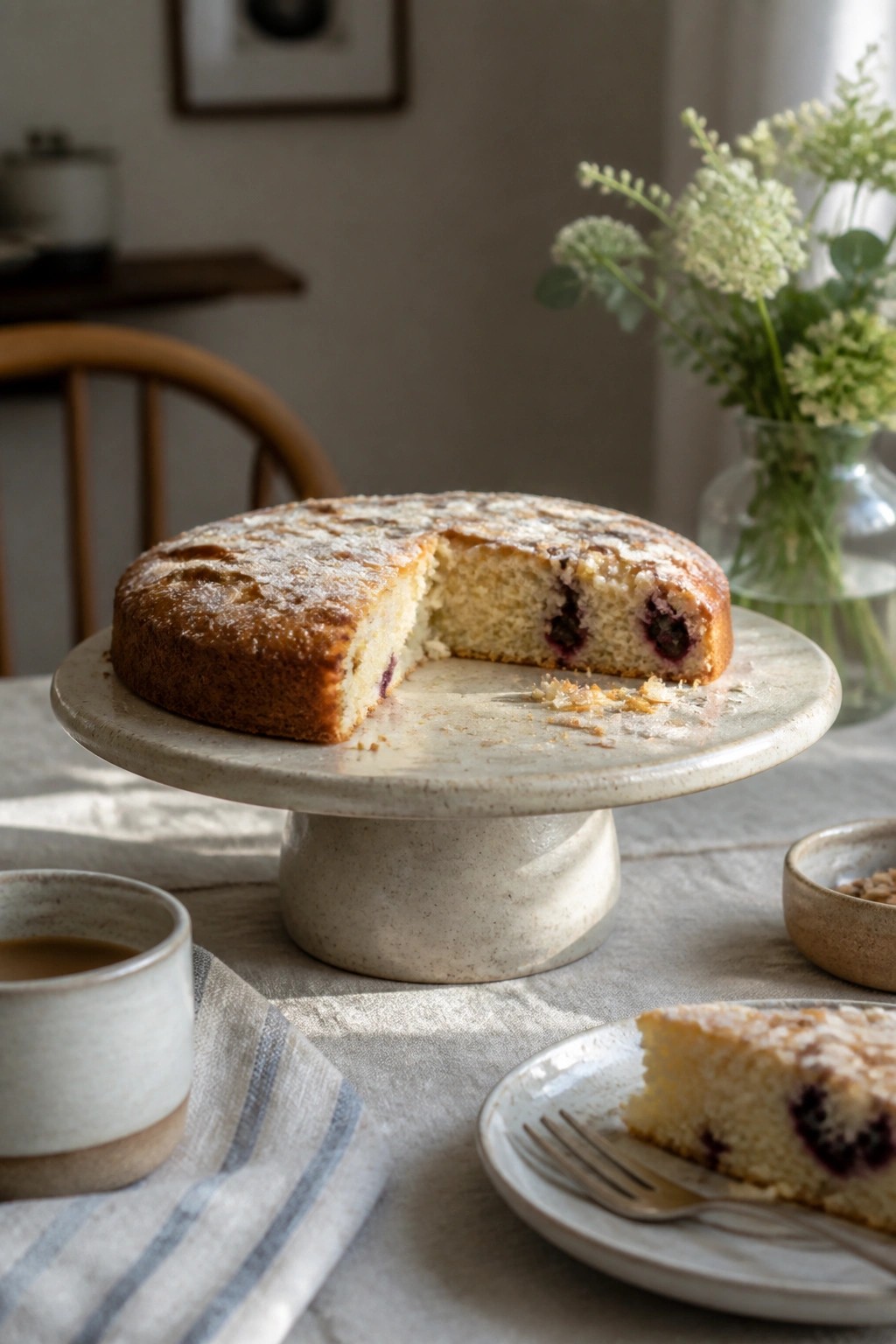 Sliced berry cake on ceramic stand with coffee cup, plate, and white flowers nearby
