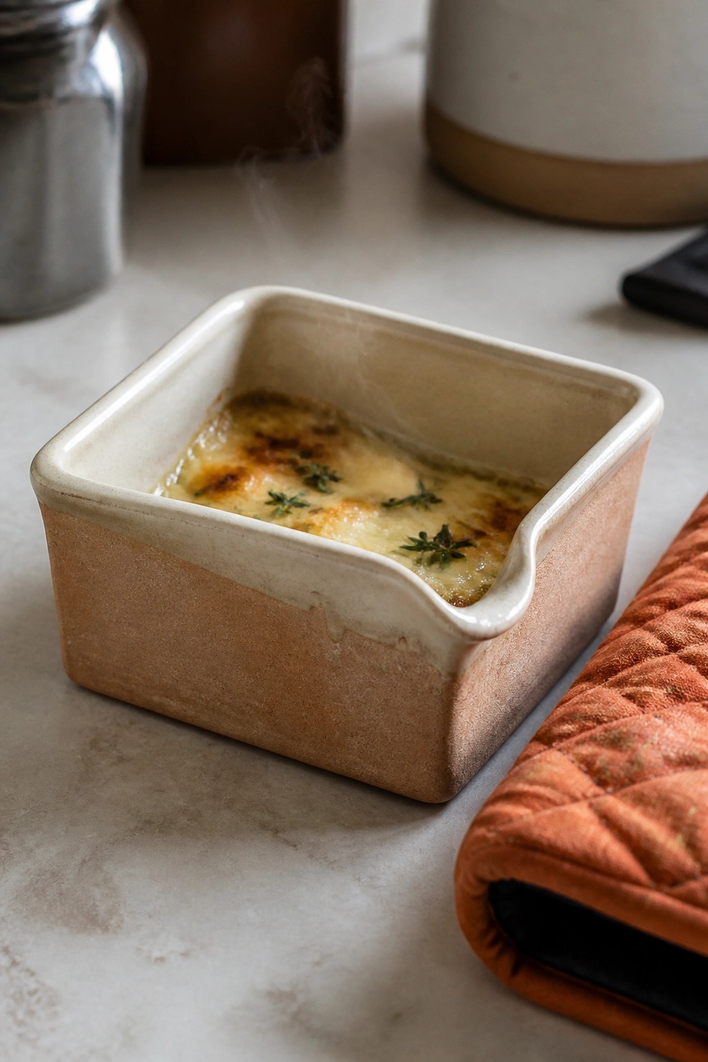 Steaming baked gratin in square ceramic dish with herbs beside orange quilted mitt