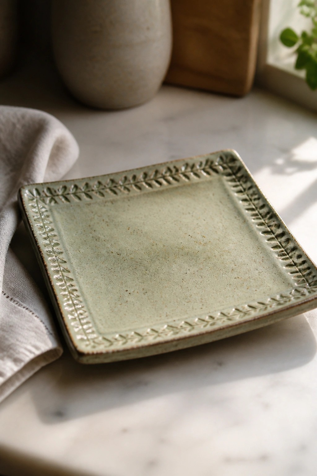 Square pale green ceramic plate with leaf border on marble surface