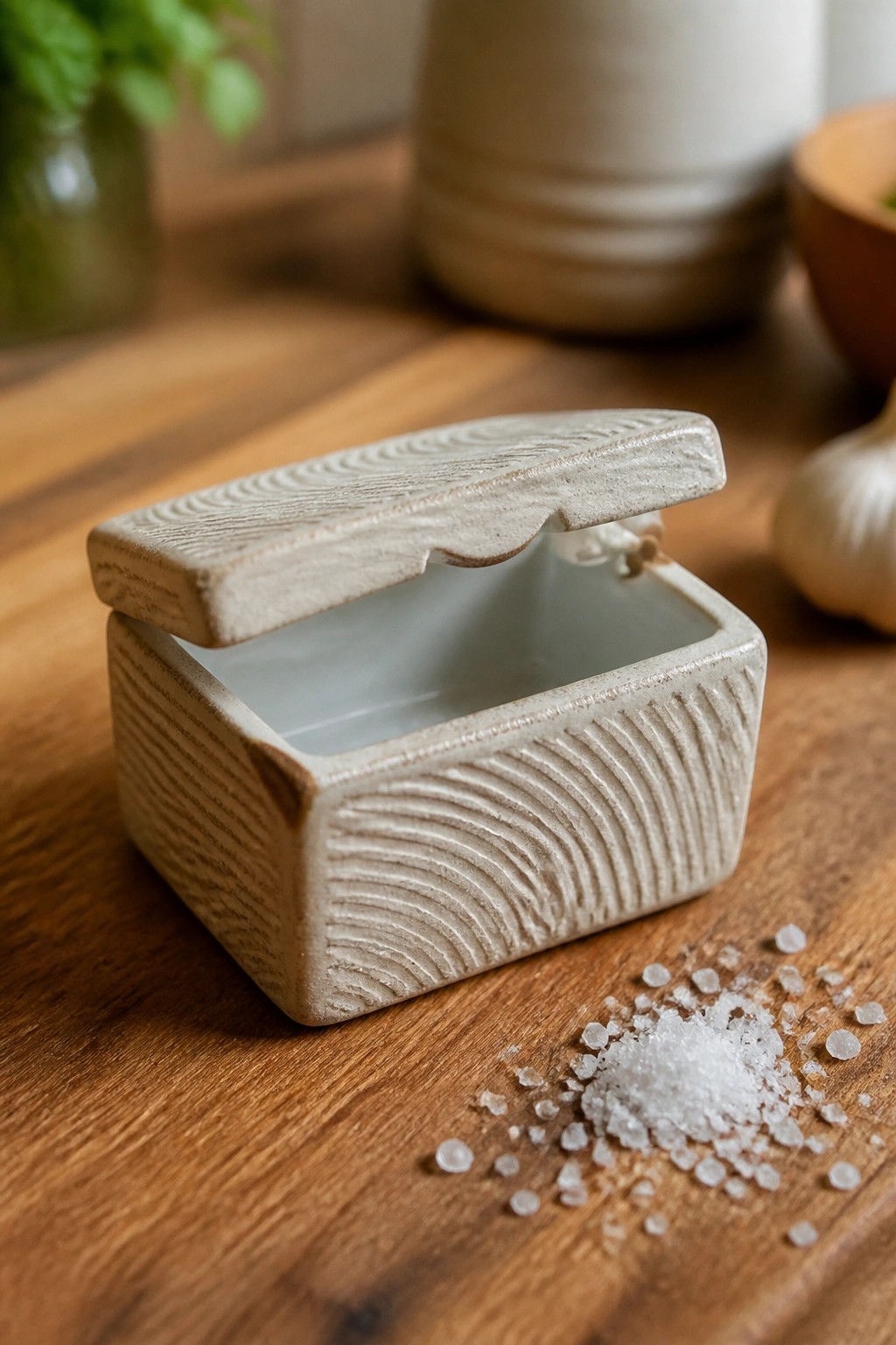 Open ceramic box with ridged texture on wooden table beside spilled salt crystals