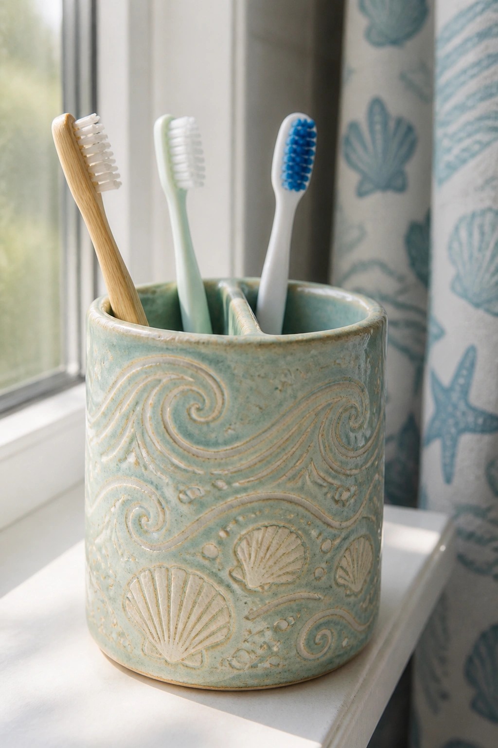 Ceramic holder with wave and shell designs holding three toothbrushes on windowsill