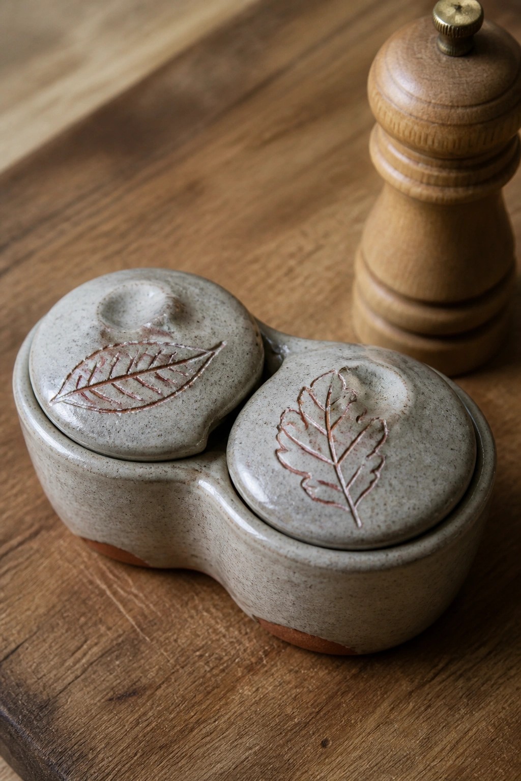 Stoneware double pot with leaf imprints beside wooden pepper mill on table