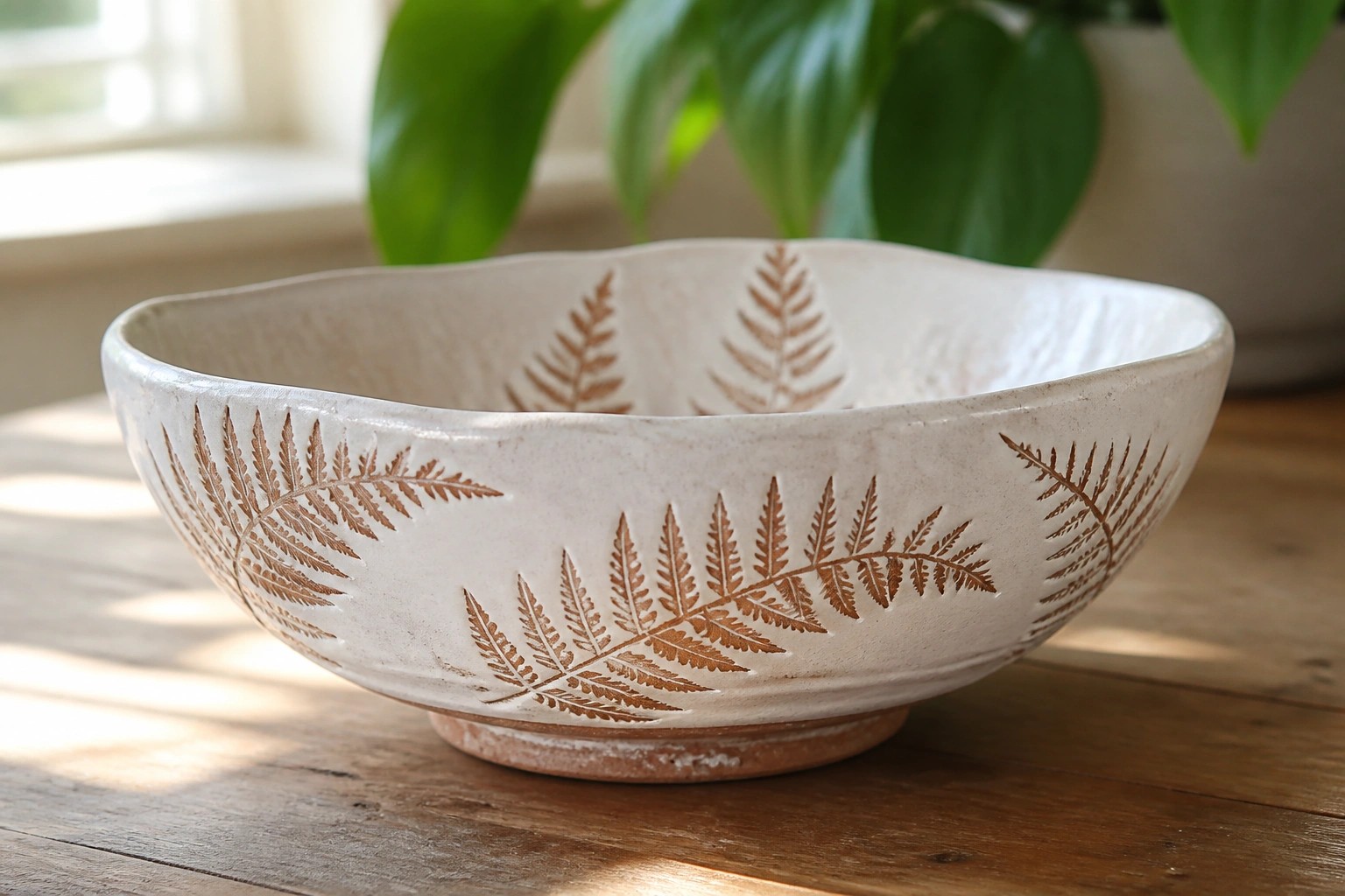 Ceramic bowl with fern patterns on wooden table near potted plant