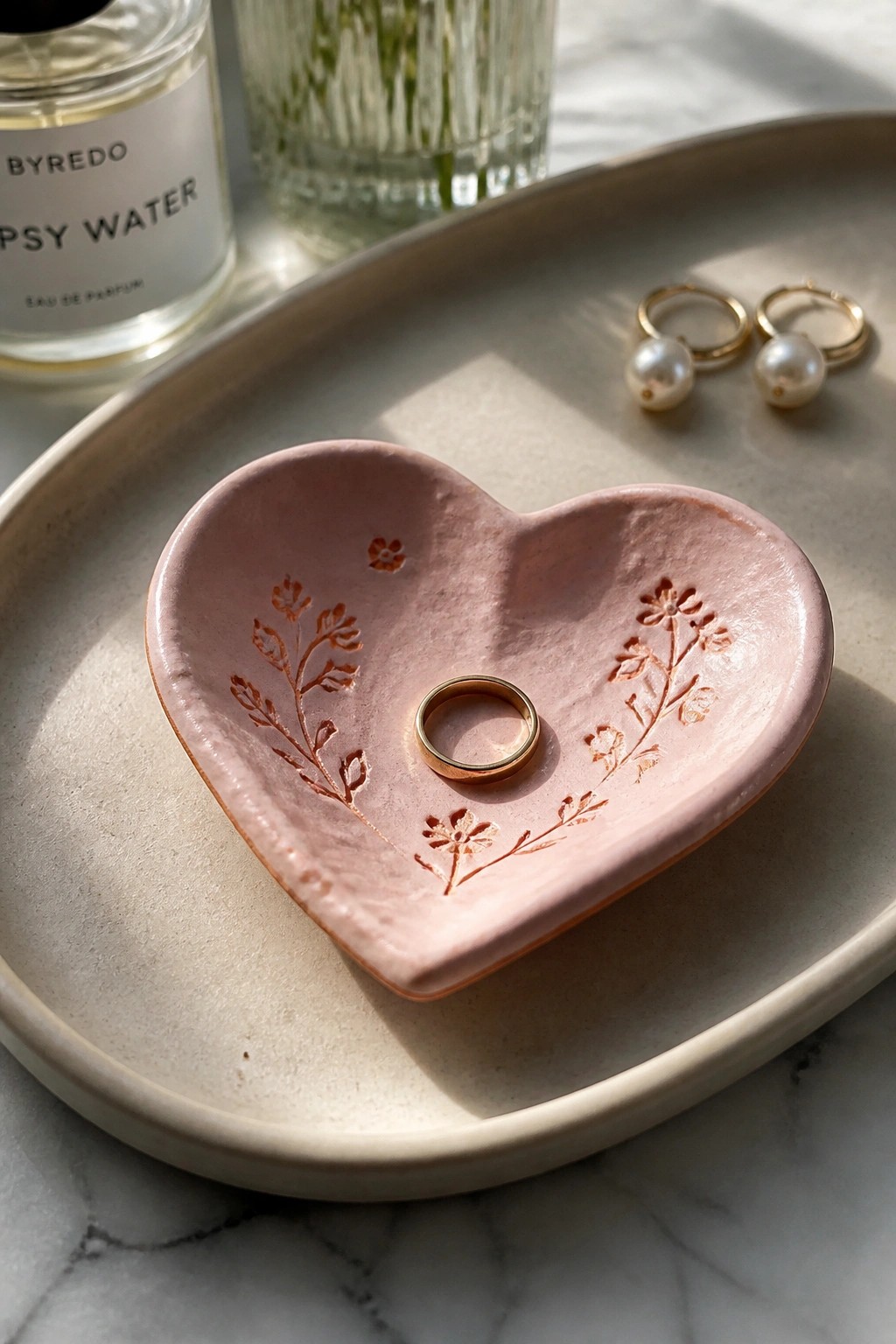 Pink heart-shaped ceramic dish with floral engravings holding gold ring on beige tray