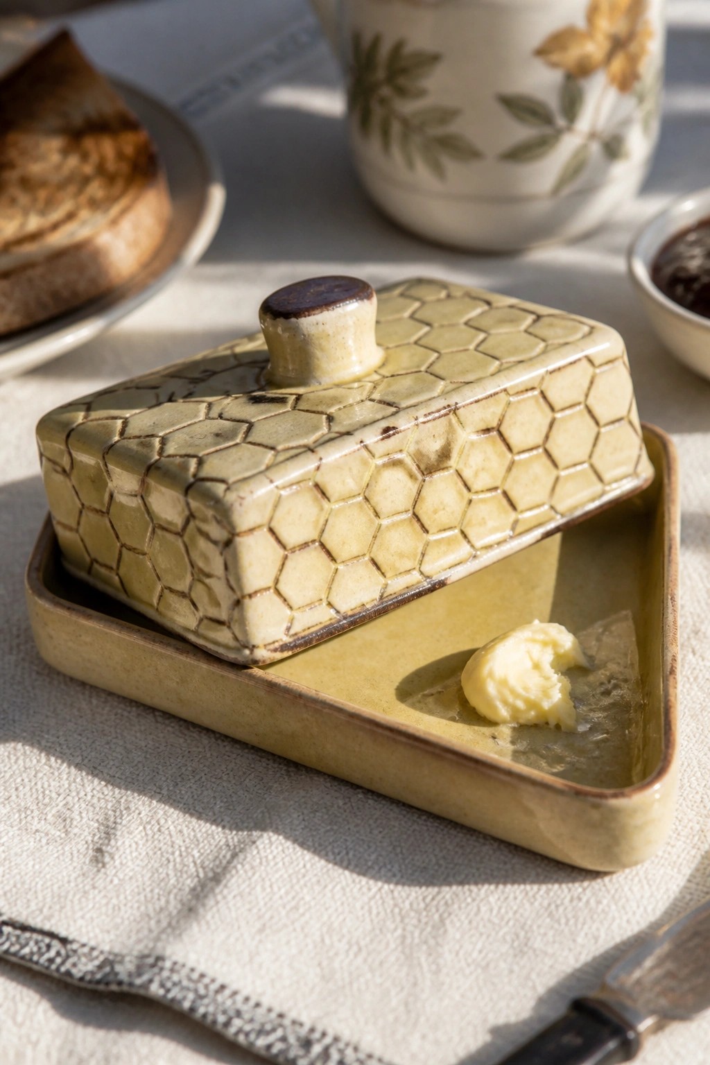 Yellow ceramic honeycomb butter dish, lid ajar, with butter on tray in sunlight