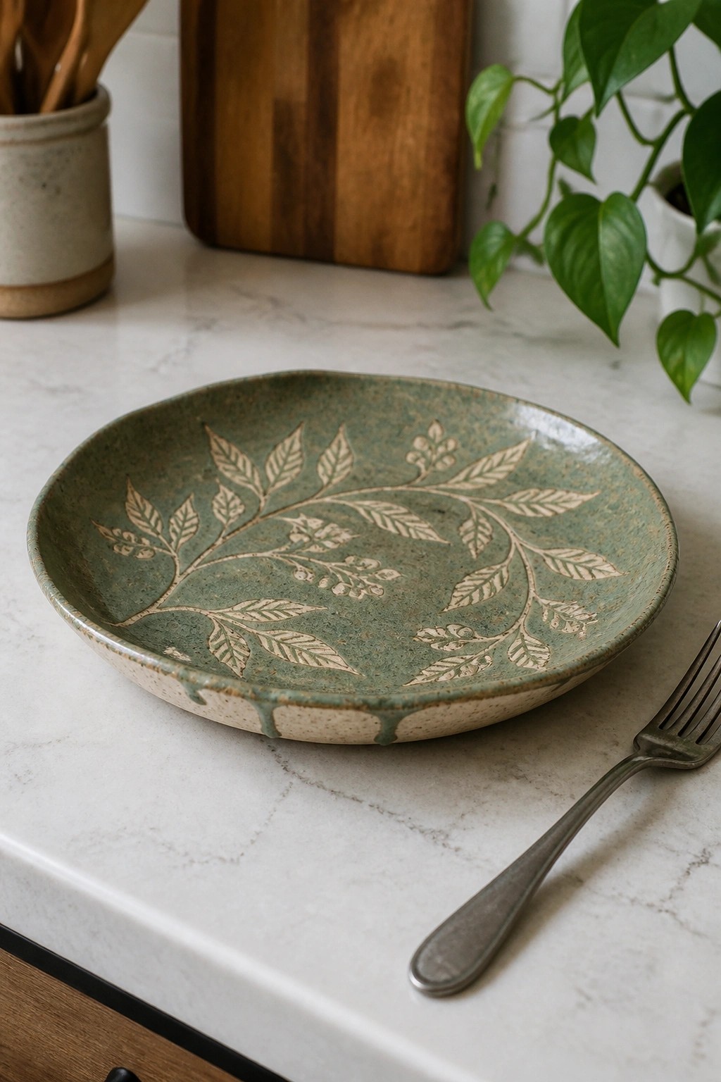 Green ceramic plate with leaf design on marble countertop beside metal fork