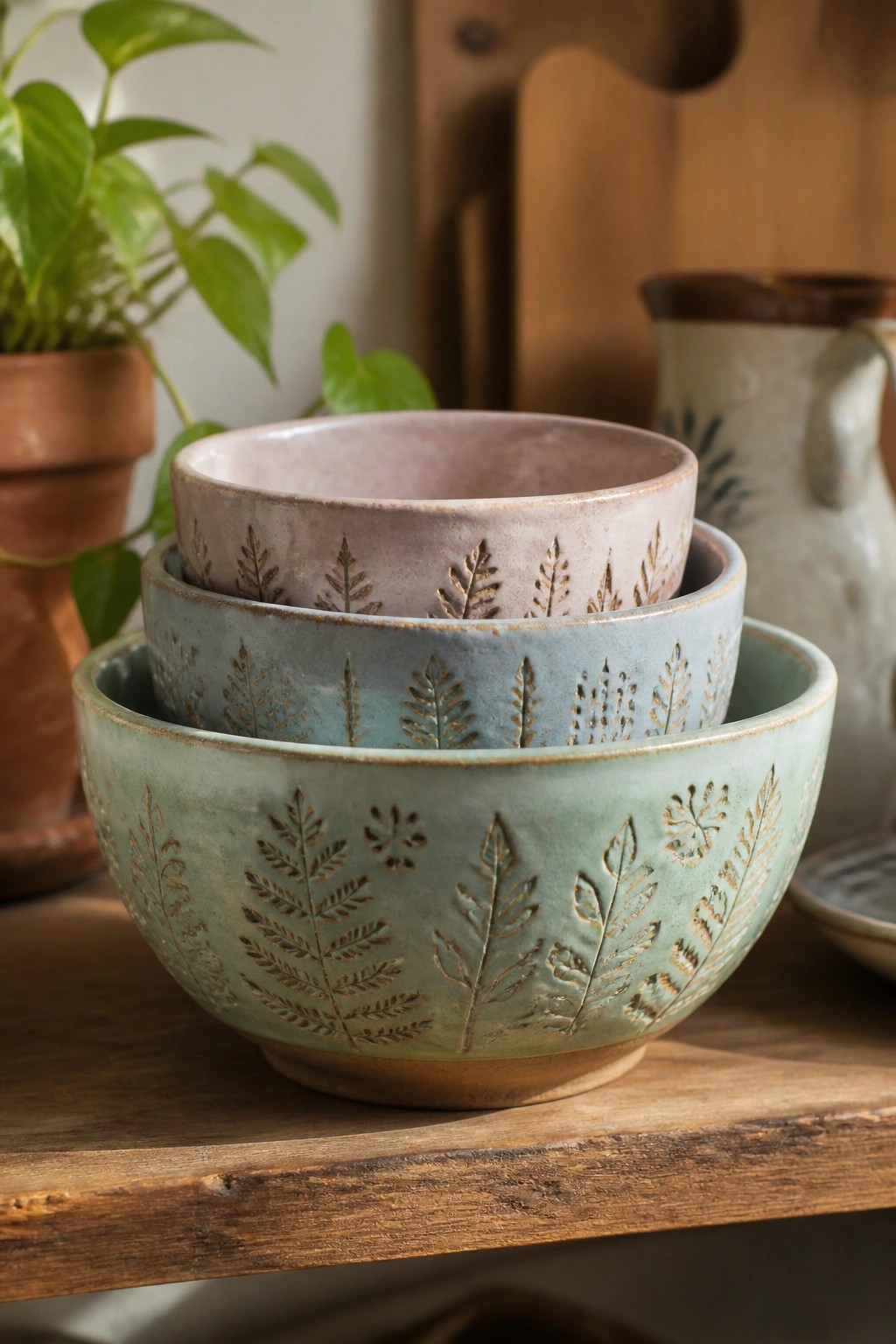 Three stacked ceramic bowls with embossed fern patterns in green, blue, and pink on wood.