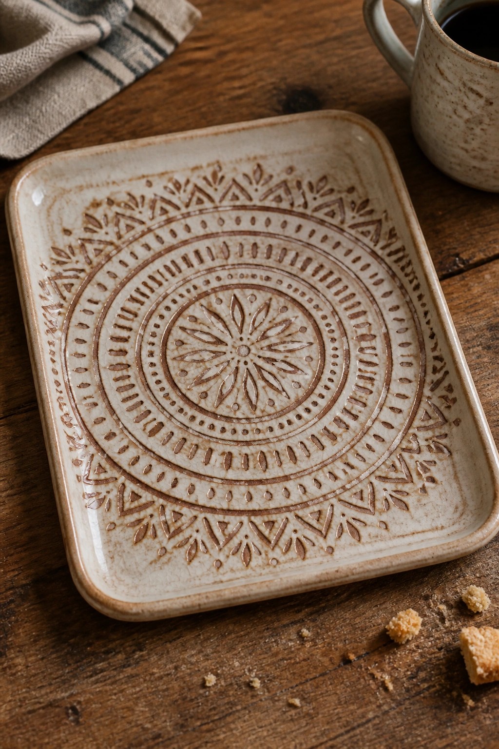Decorative ceramic tray with embossed patterns on wooden table beside mug and crumbs