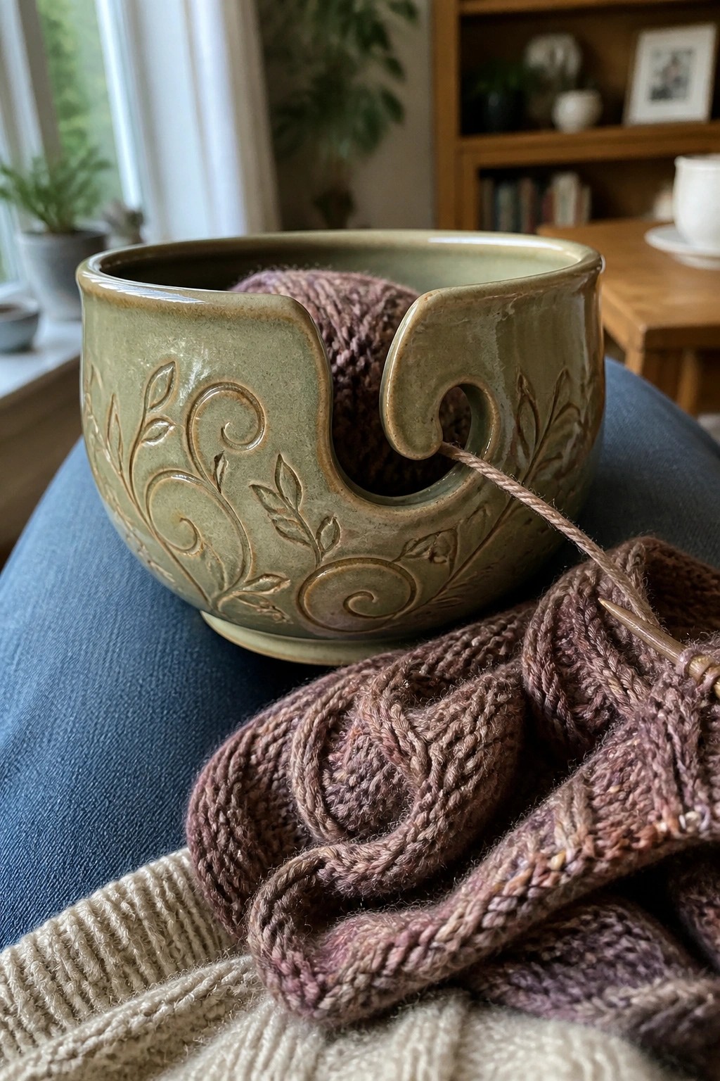 Green ceramic yarn bowl with purple yarn and knitting on blue lap