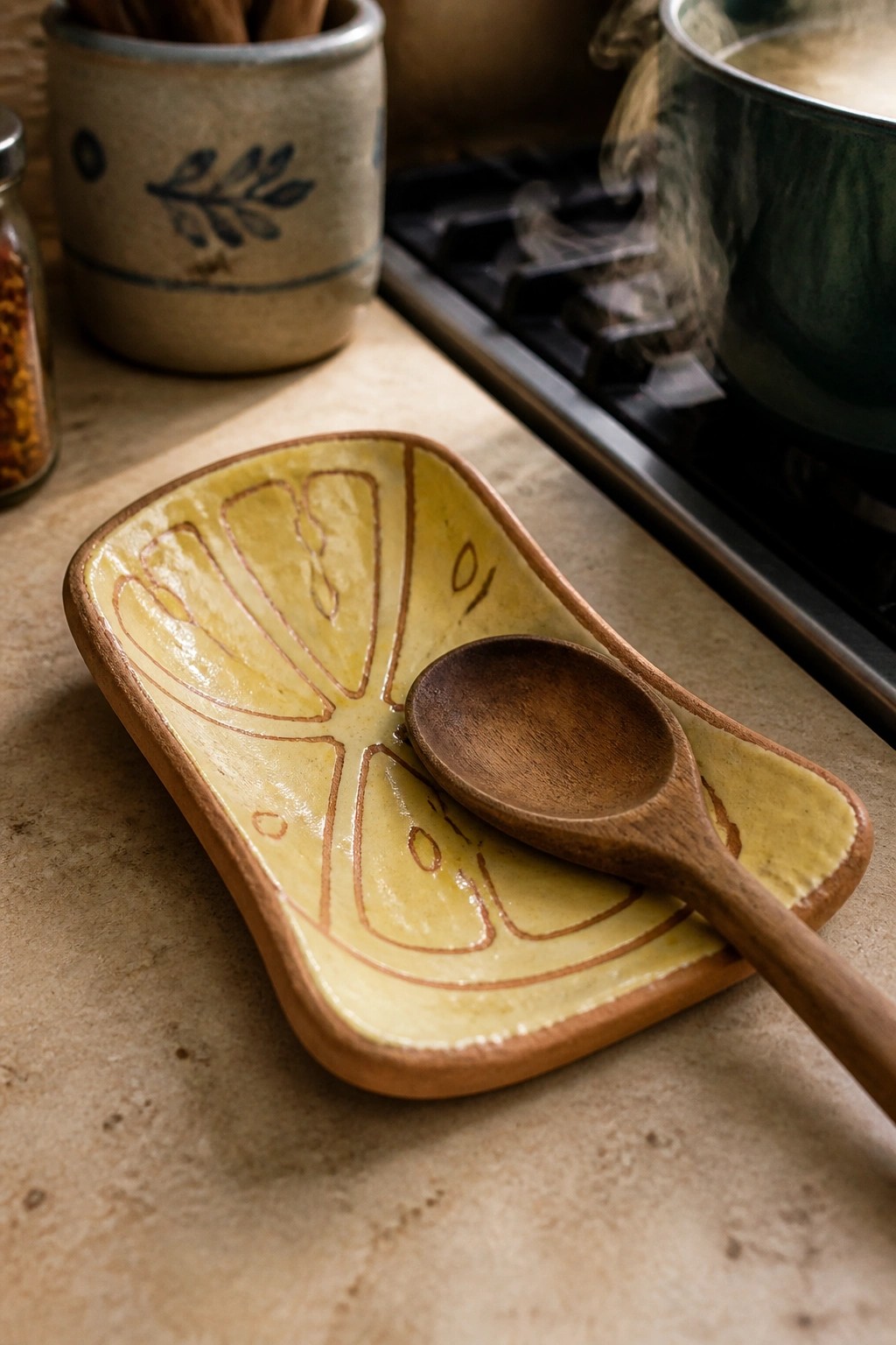 Yellow ceramic dish with lemon design holding wooden spoon on kitchen counter