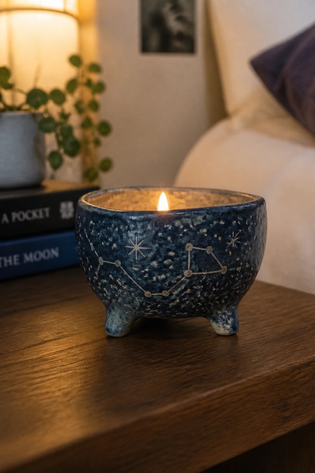 Lit candle in dark blue speckled ceramic bowl with constellation designs on wood.