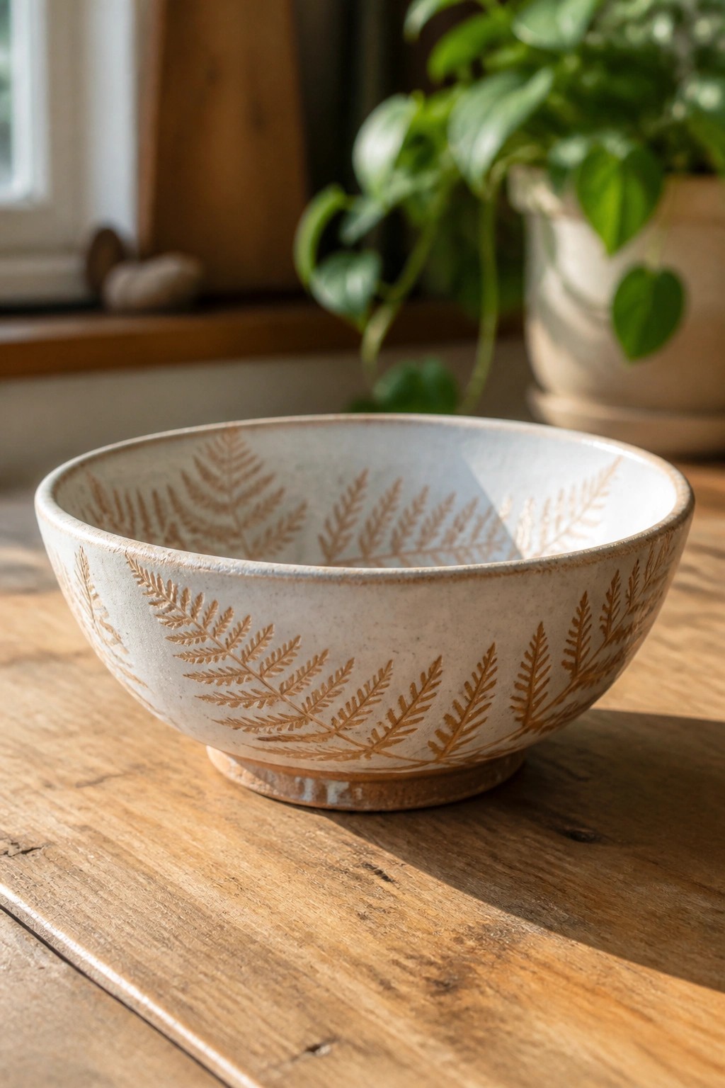Ceramic bowl with fern patterns on wooden table near potted plant