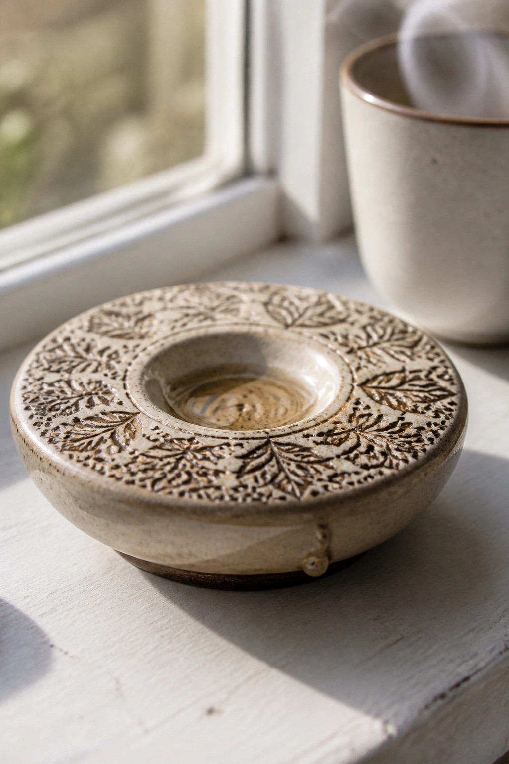 Embossed ceramic bowl with leaf designs on sunlit white windowsill beside mug