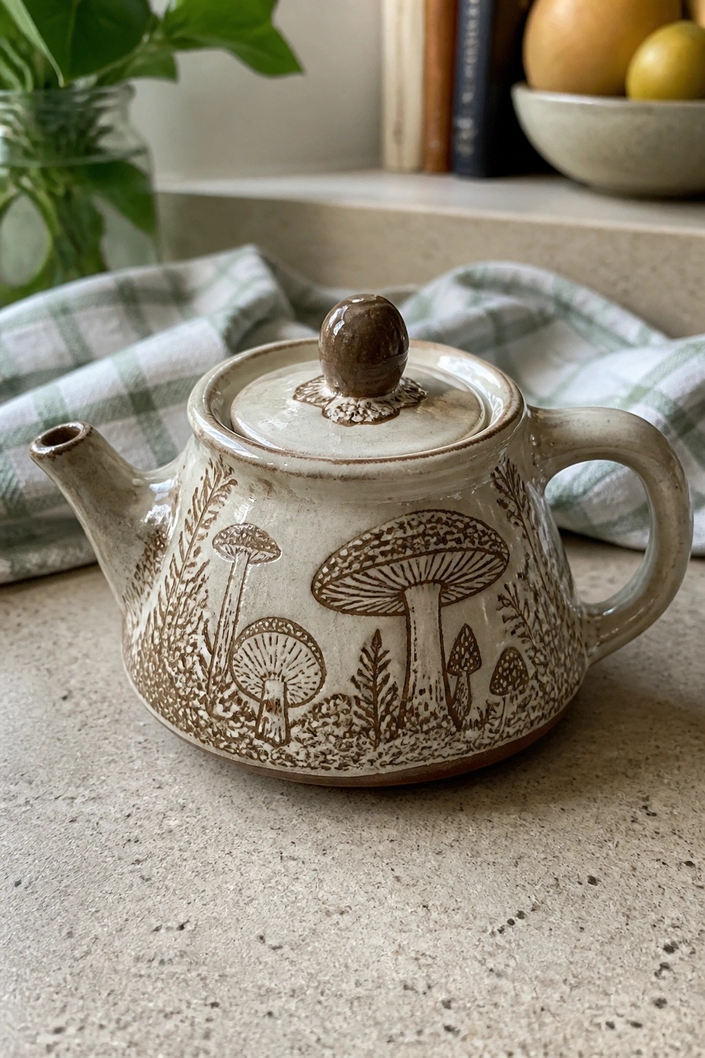 Ceramic teapot with mushroom designs on green checkered cloth over countertop