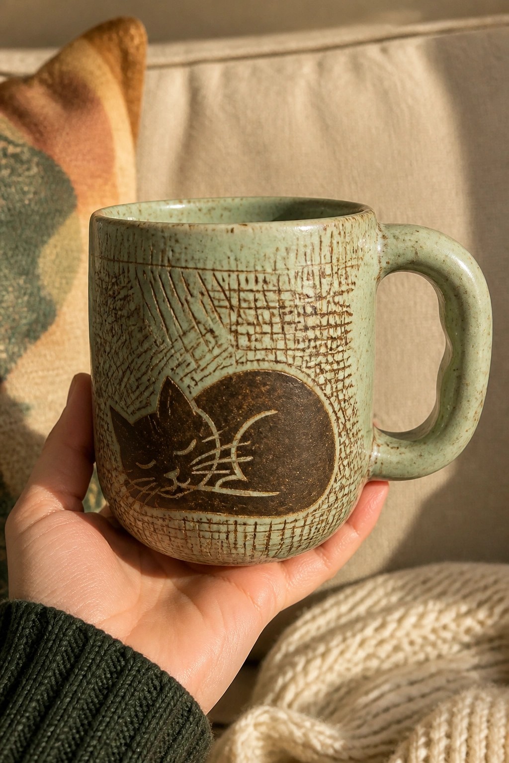 Hand in green sweater holding speckled mint mug with sleeping cat design.