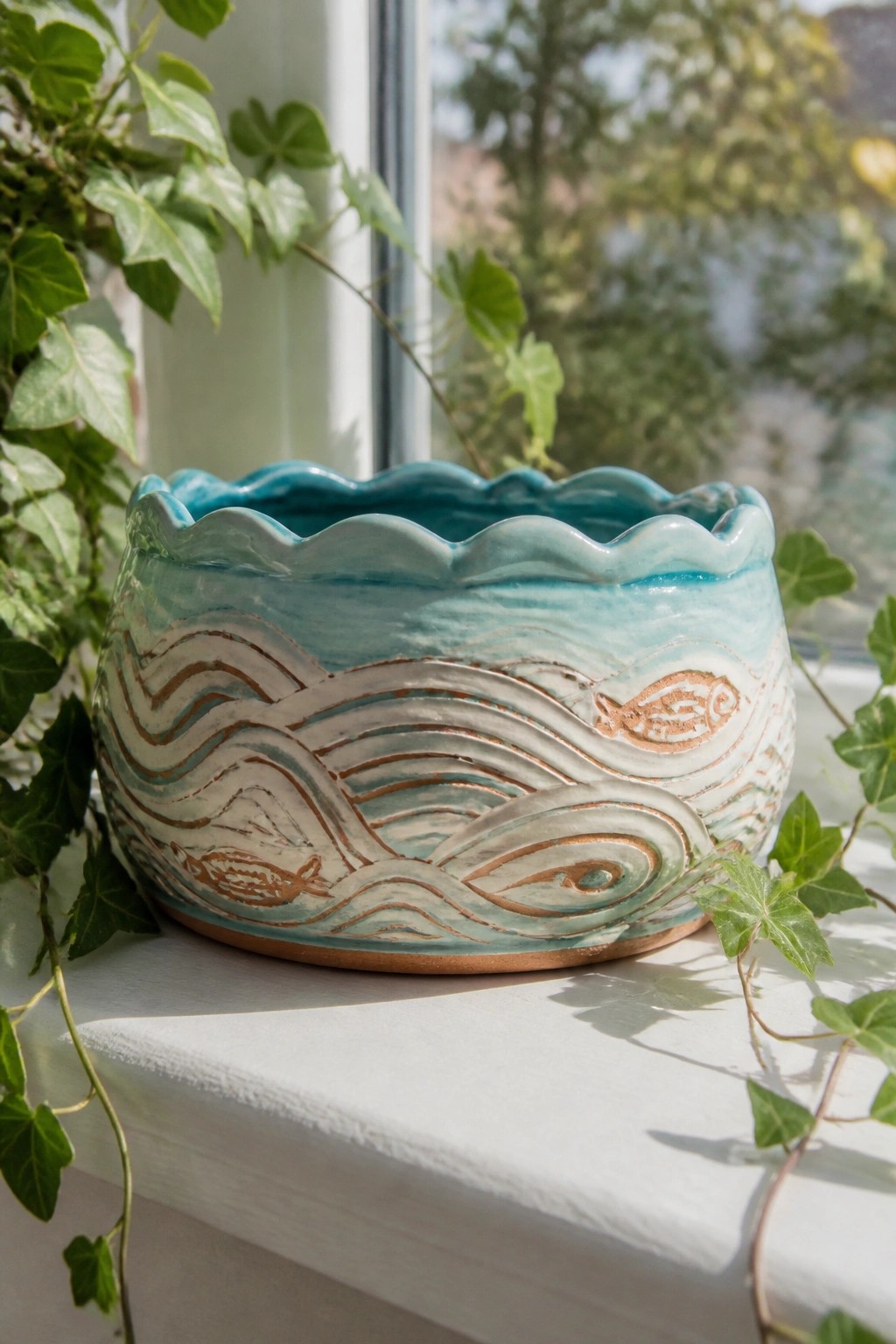 Turquoise ceramic bowl with wave patterns and fish designs on sunny windowsill amid ivy